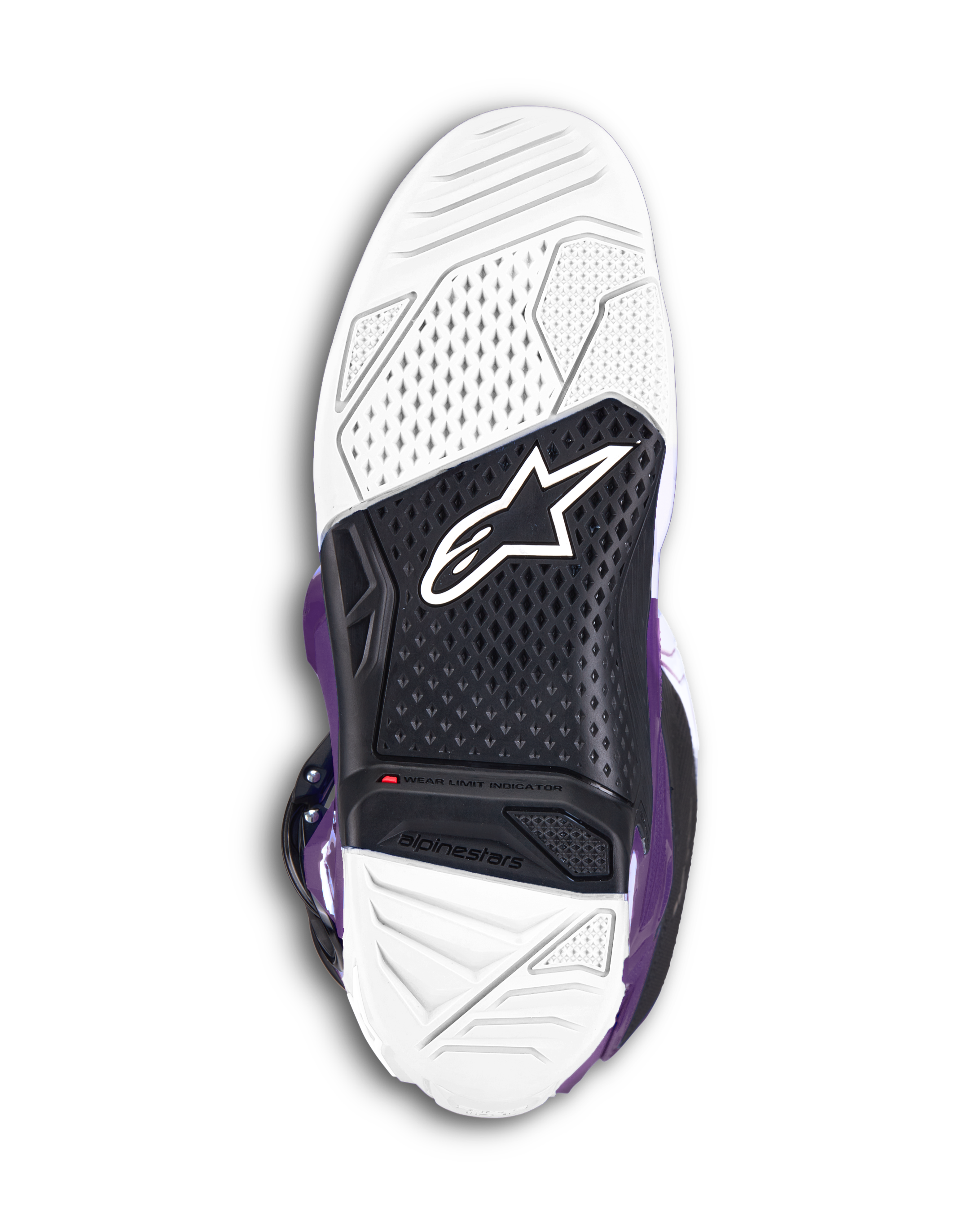 Alpinestars Tech 7 Boots, fioletowe buty motocrossowe, widok na podeszwę z biało-czarnej dwuskładnikowej wulkanizowanej gumy, logo Alpinestars i widoczny czerwony wskaźnik zużycia dla wydajności w terenie.