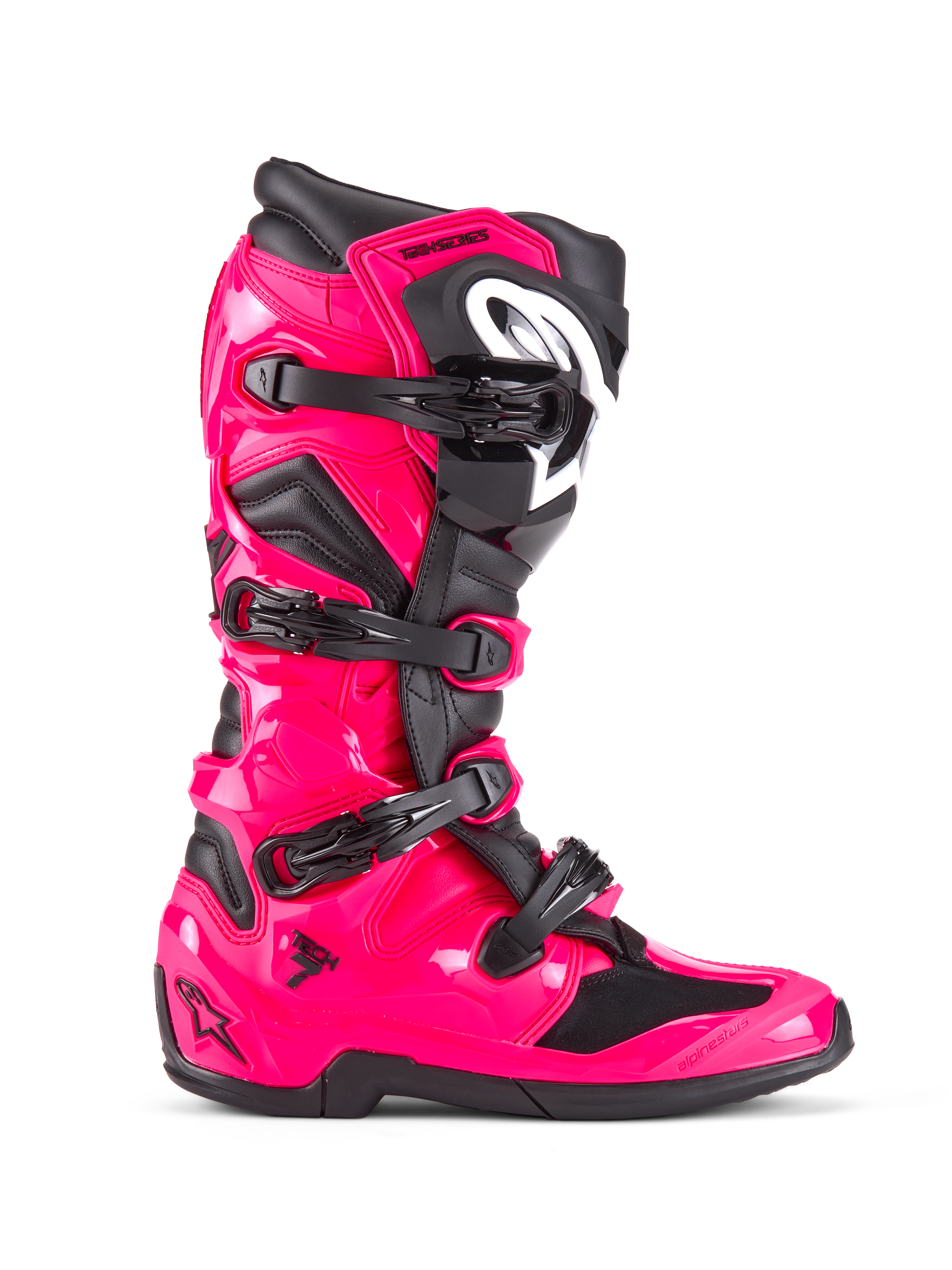 Buty Alpinestars Tech 7, buty motocrossowe off-road, kolor Diva Pink i czarny, błyszcząca różowa skorupa TPU z czarnymi akcentami, cztery regulowane czarne klamry, wzmocniony ochraniacz goleni, profesjonalne obuwie wyścigowe