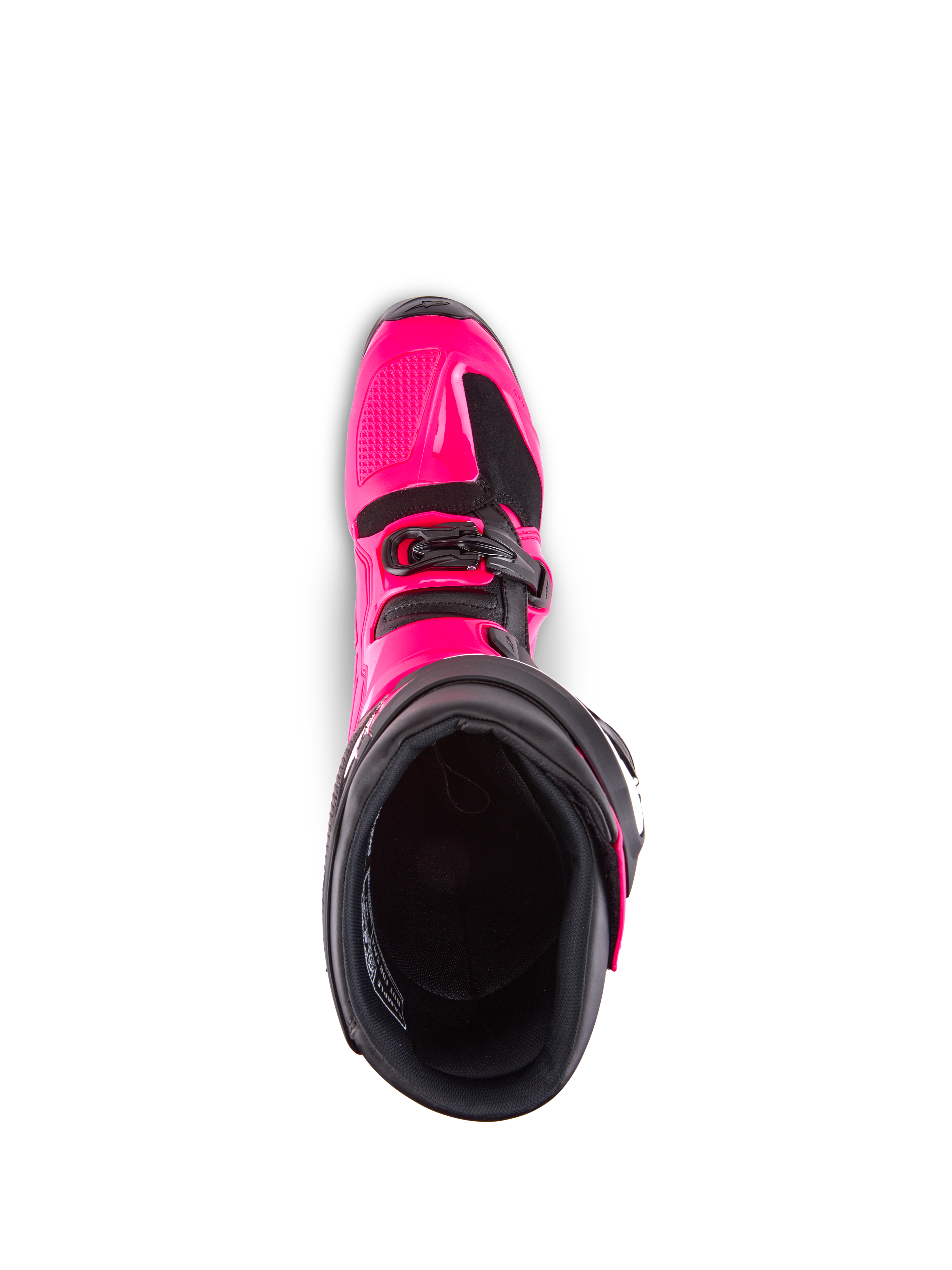 Alpinestars Tech 7 Boots, Motocross Boots, Diva Pink and Black, top-down view looking into the interior lining, showing the pink TPU outer shell and buckle detail, engineered for off-road performance