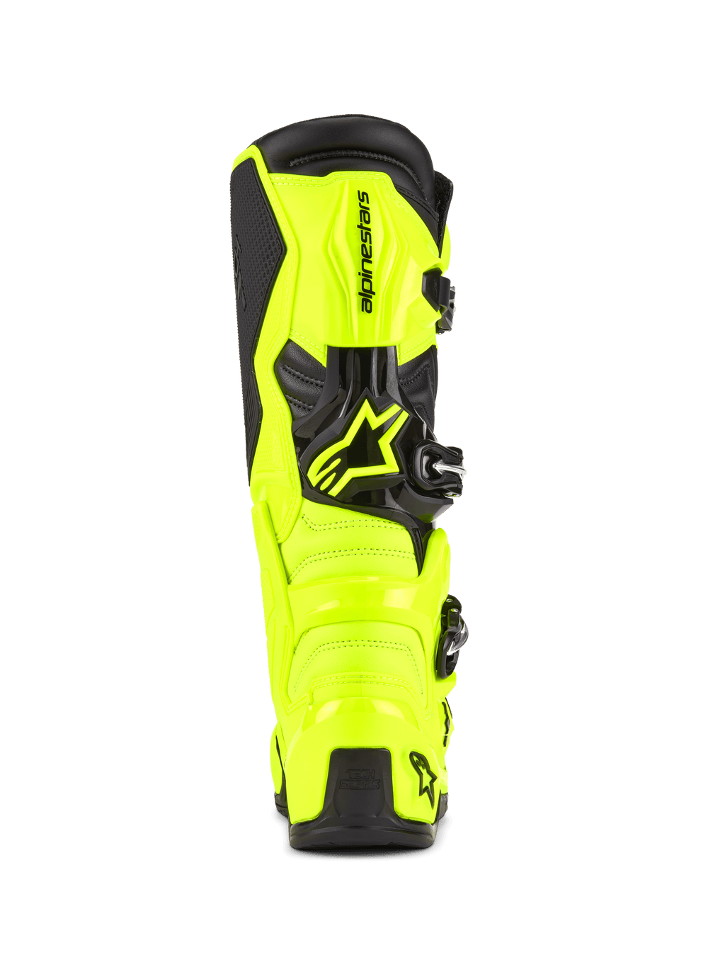 Buty motocrossowe Alpinestars Tech 7, żółte fluo i czarne, widok z tyłu ukazujący ochronną konstrukcję TPU i osłonę pięty, wyraźne logo Alpinestars, jaskrawy design o wysokiej widoczności zapewniający wydajność w terenie