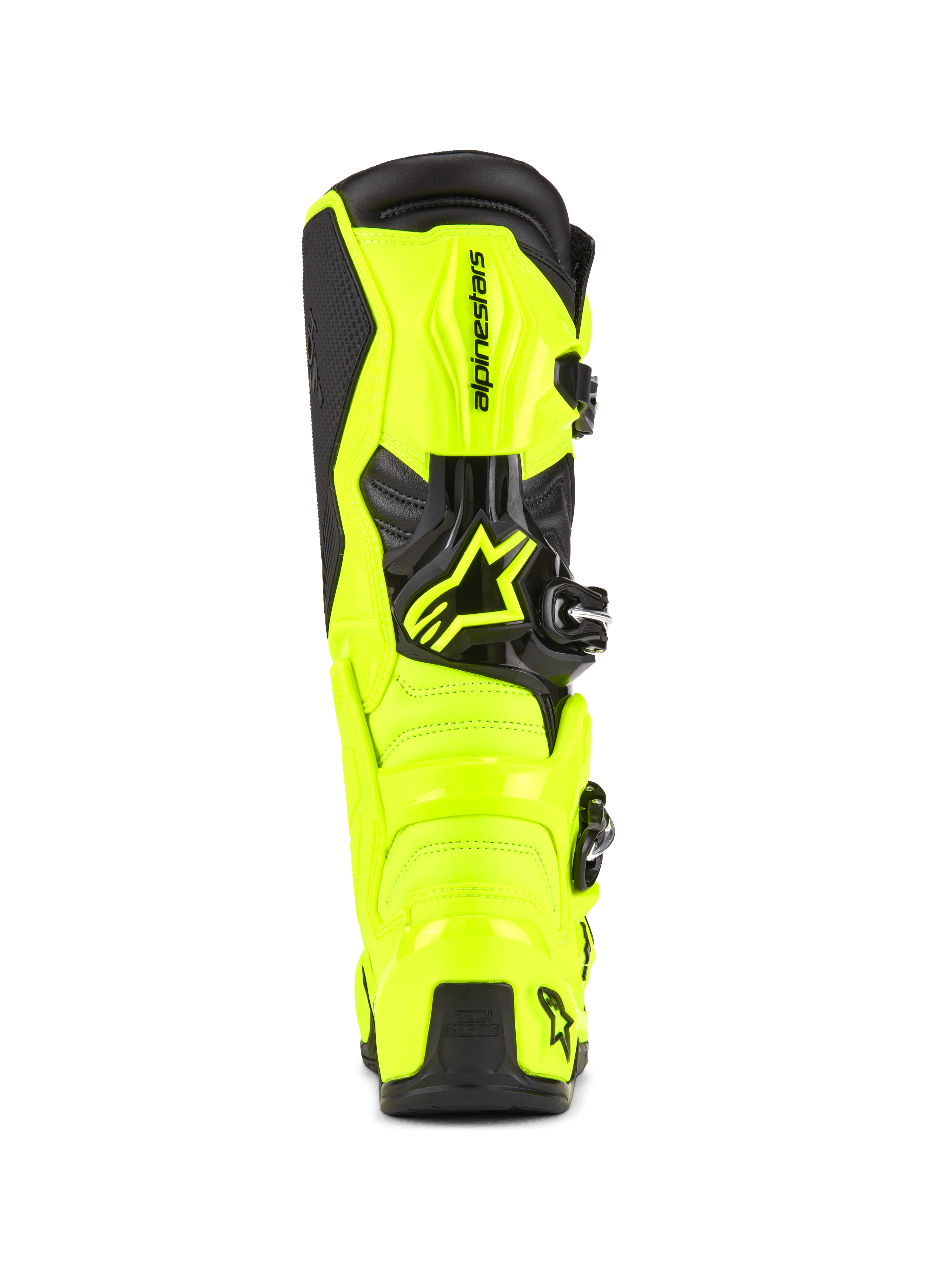 Buty motocrossowe Alpinestars Tech 7, żółte fluo i czarne, widok z tyłu ukazujący ochronną konstrukcję TPU i osłonę pięty, wyraźne logo Alpinestars, jaskrawy design o wysokiej widoczności zapewniający wydajność w terenie