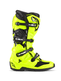 Buty Alpinestars Tech 7, buty motocrossowe, żółte fluo i czarne, widok z profilu, jaskrawa neonowo-żółta skorupa TPU z czterema czarnymi klamrami, wzmocniona pięta i palce, system przegubowy zapewniający elastyczność, profesjonalna estetyka wyścigowa off-road