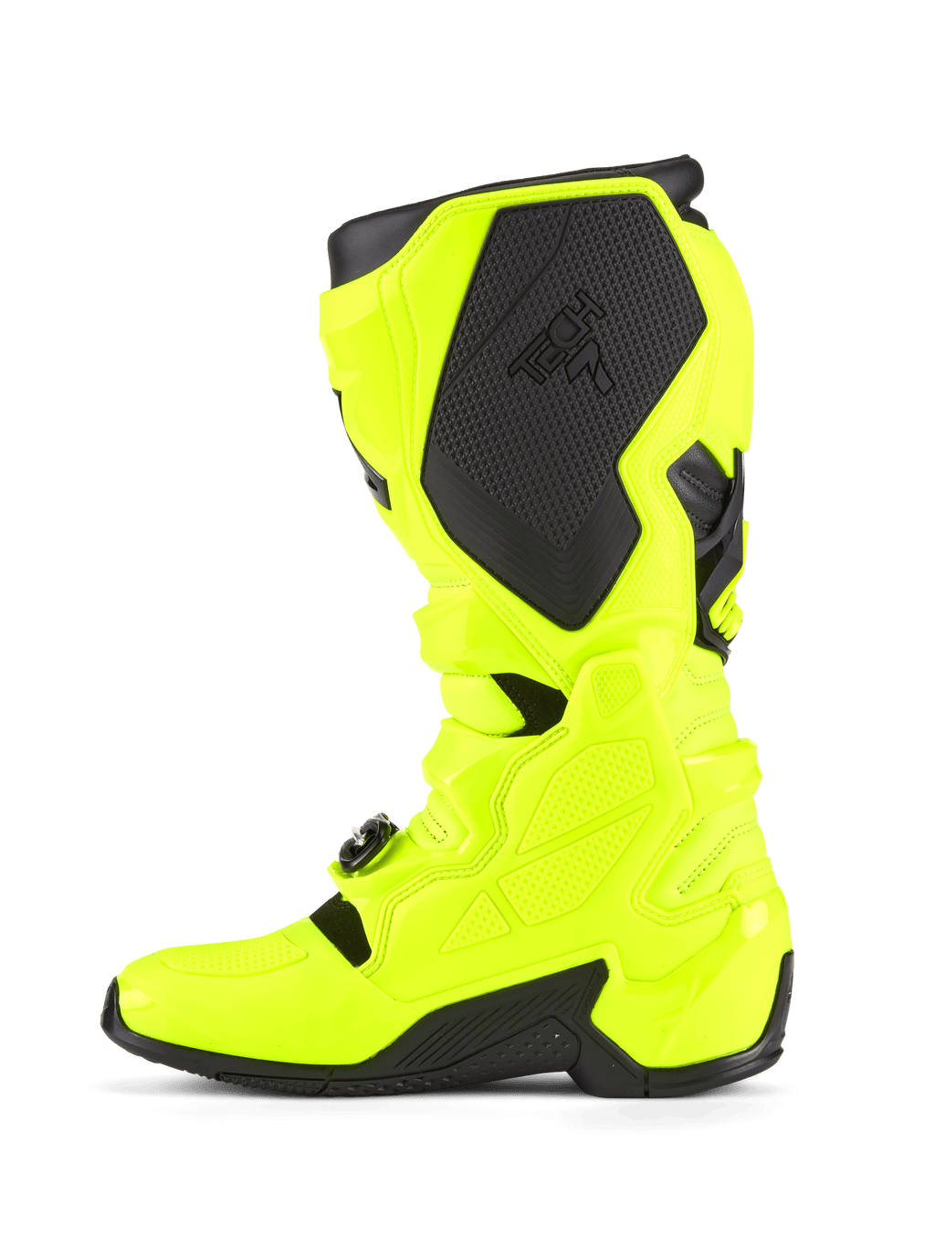 Buty Alpinestars Tech 7, buty motocrossowe, żółty fluo i czarny, widok z boku podkreślający konstrukcję skorupy TPU, system zamykania na klamry oraz czarne panele ochronne z logo, zaprojektowane dla trwałości i wyścigów terenowych