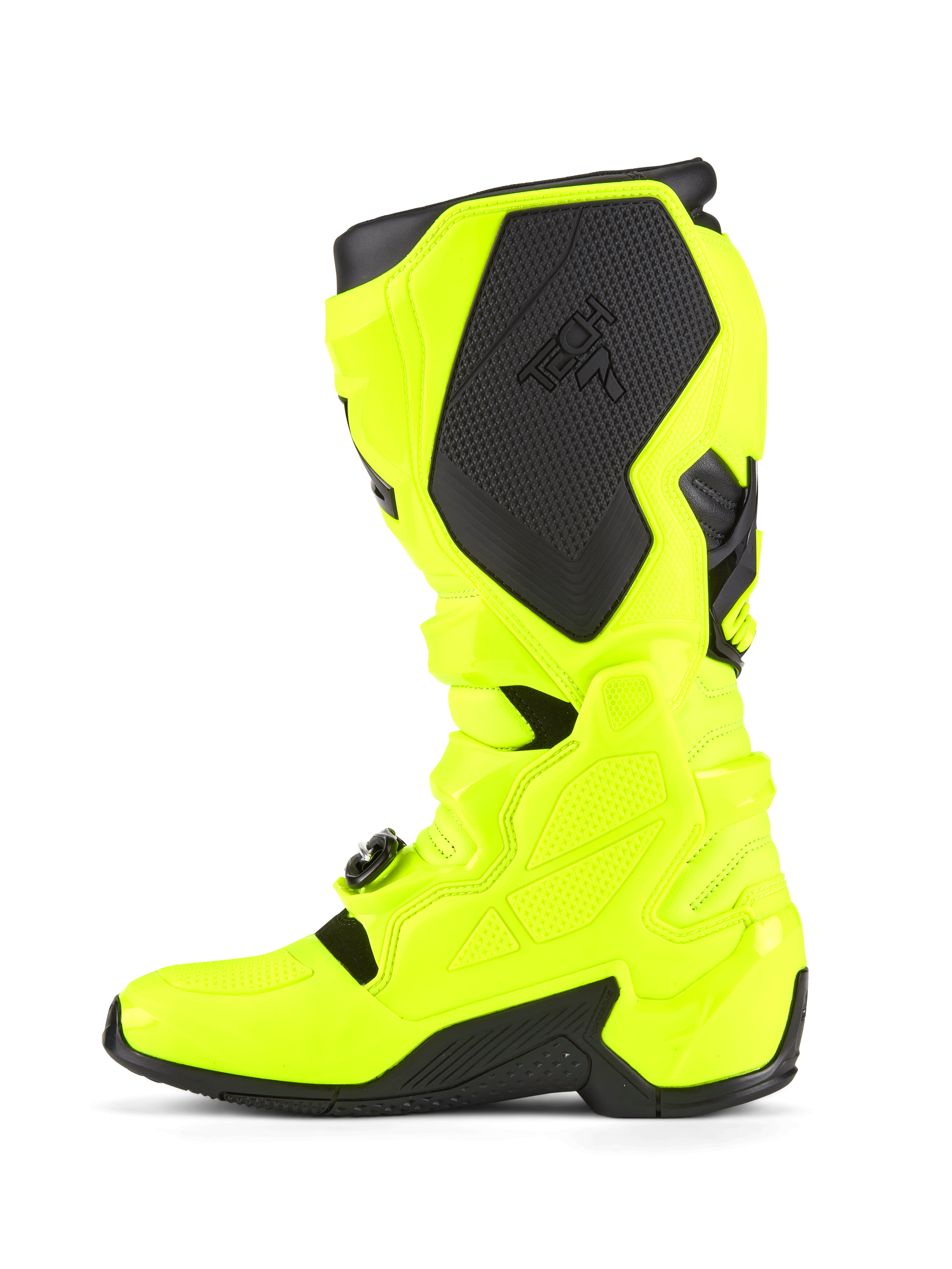 Buty Alpinestars Tech 7, buty motocrossowe, żółty fluo i czarny, widok z boku podkreślający konstrukcję skorupy TPU, system zamykania na klamry oraz czarne panele ochronne z logo, zaprojektowane dla trwałości i wyścigów terenowych