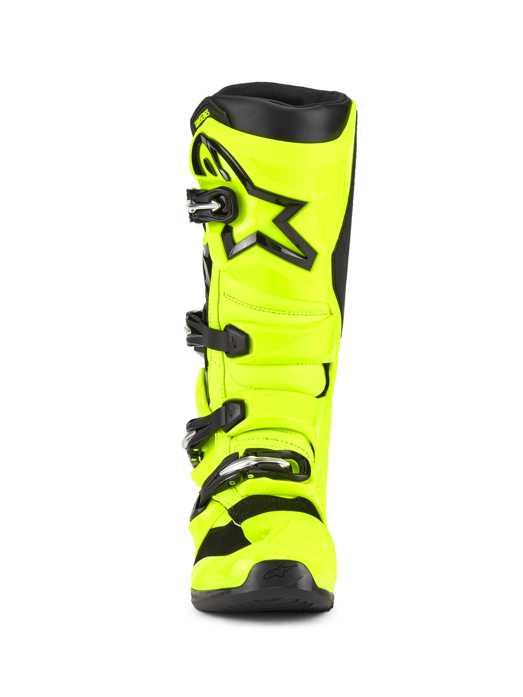 Buty Alpinestars Tech 7, buty motocrossowe, żółty fluo i czarny, widok z przodu, jaskrawa fluorescencyjna żółta skorupa TPU, czarne logo gwiazdy Alpinestars na goleni, regulowany system zapięć na klamry dla wydajności w terenie