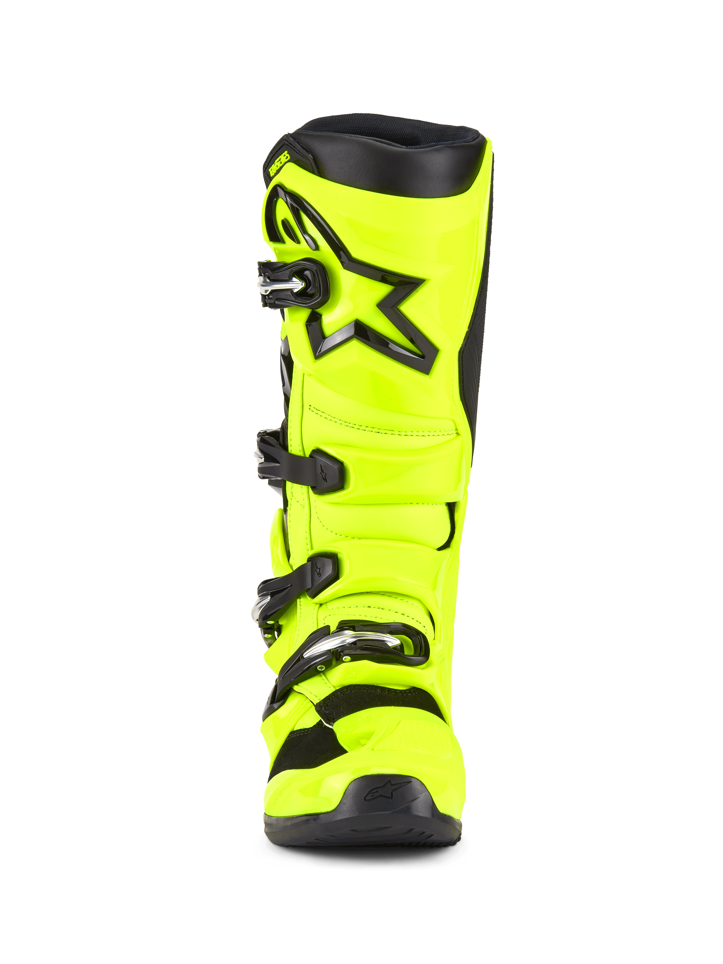 Buty Alpinestars Tech 7, buty motocrossowe, żółty fluo i czarny, widok z przodu, jaskrawa fluorescencyjna żółta skorupa TPU, czarne logo gwiazdy Alpinestars na goleni, regulowany system zapięć na klamry dla wydajności w terenie