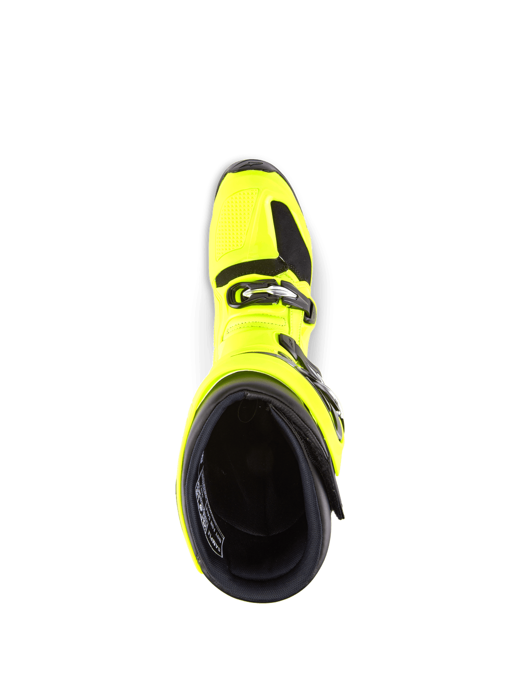 Buty Alpinestars Tech 7, buty motocrossowe, żółty fluo i czarny, widok z góry na wnętrze, pokazujący system zapięć na klamry i wyściełany kołnierz