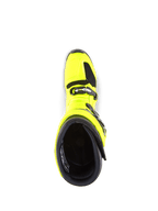 Buty Alpinestars Tech 7, buty motocrossowe, żółty fluo i czarny, widok z góry na wnętrze, pokazujący system zapięć na klamry i wyściełany kołnierz