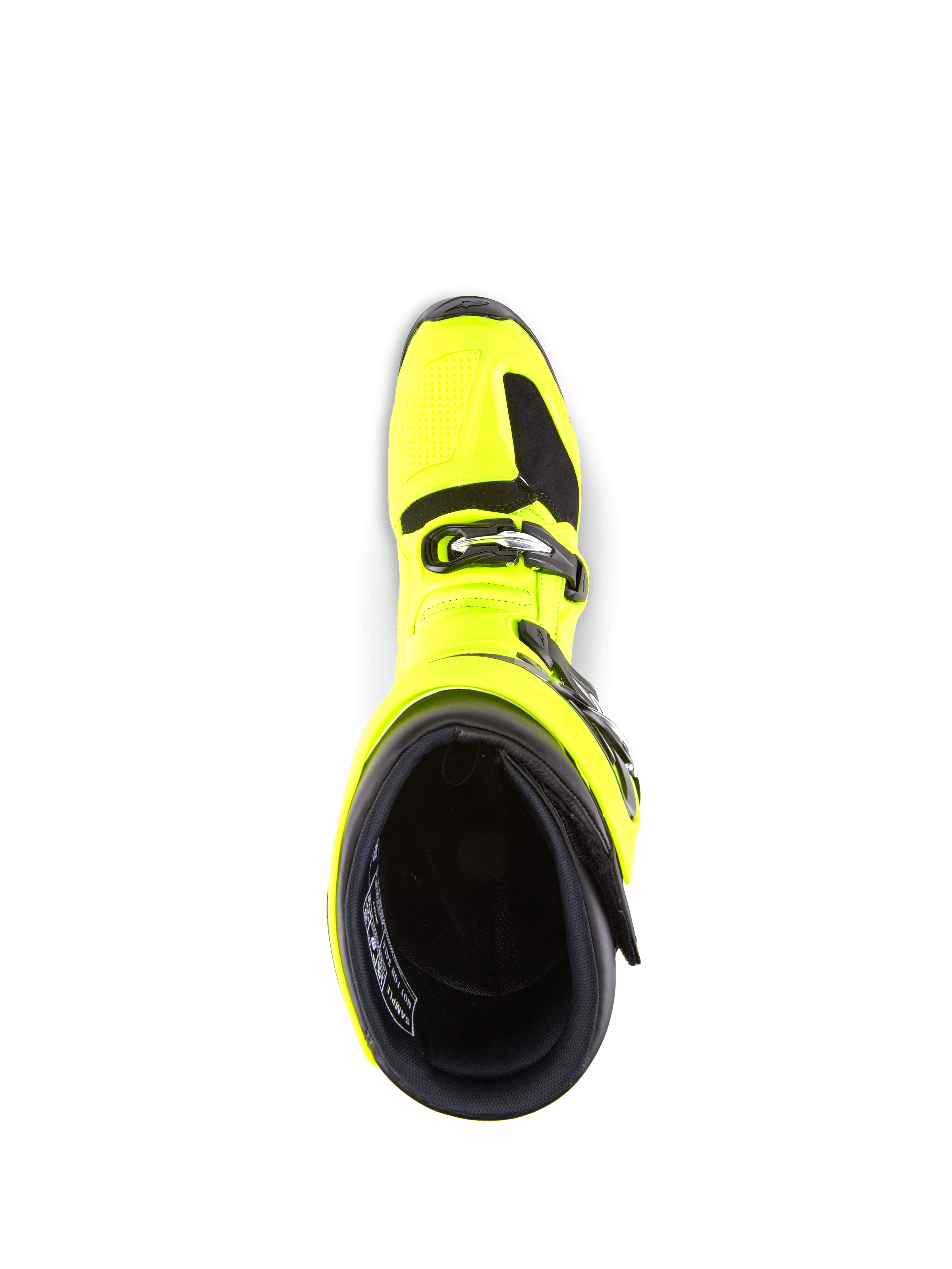 Buty Alpinestars Tech 7, buty motocrossowe, żółty fluo i czarny, widok z góry na wnętrze, pokazujący system zapięć na klamry i wyściełany kołnierz