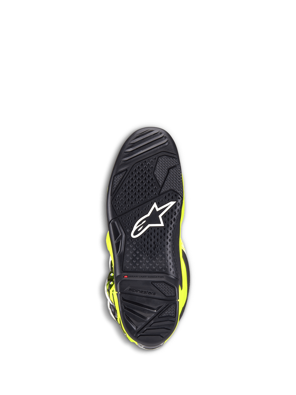 Buty Alpinestars Tech 7, buty motocrossowe, żółty fluo i czarny, widok od dołu na czarną gumową podeszwę z teksturowanym wzorem bieżnika, białe logo gwiazdy i czerwony wskaźnik zużycia zapewniający trwałość w terenie