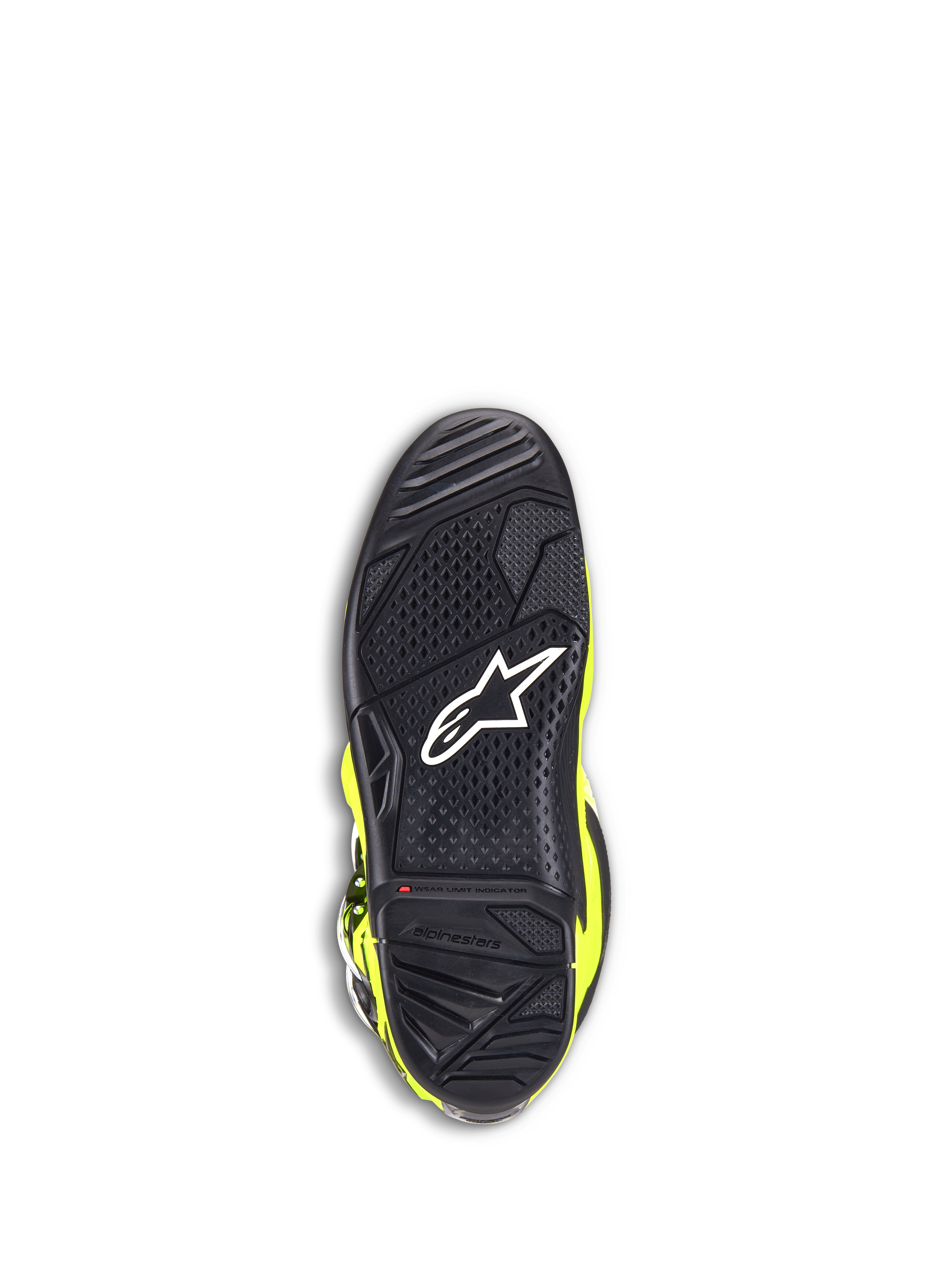 Buty Alpinestars Tech 7, buty motocrossowe, żółty fluo i czarny, widok od dołu na czarną gumową podeszwę z teksturowanym wzorem bieżnika, białe logo gwiazdy i czerwony wskaźnik zużycia zapewniający trwałość w terenie