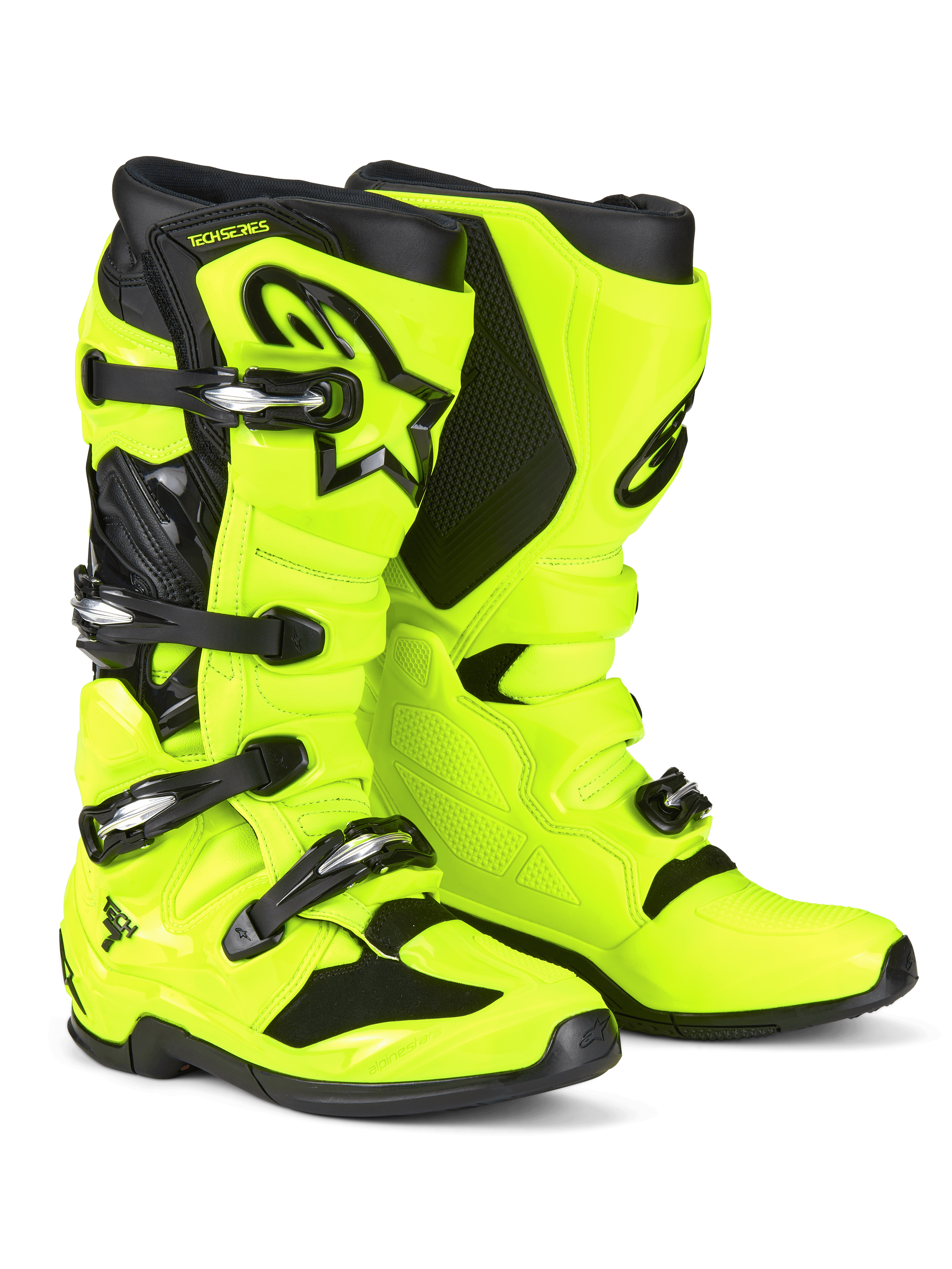 Buty motocrossowe Alpinestars Tech 7, żółte neonowe i czarne, wyposażone w system zapięcia na cztery klamry, ochronną skorupę TPU, czarne logo Astars na goleni i wytrzymałą dwuskładnikową podeszwę do wyścigów off-road