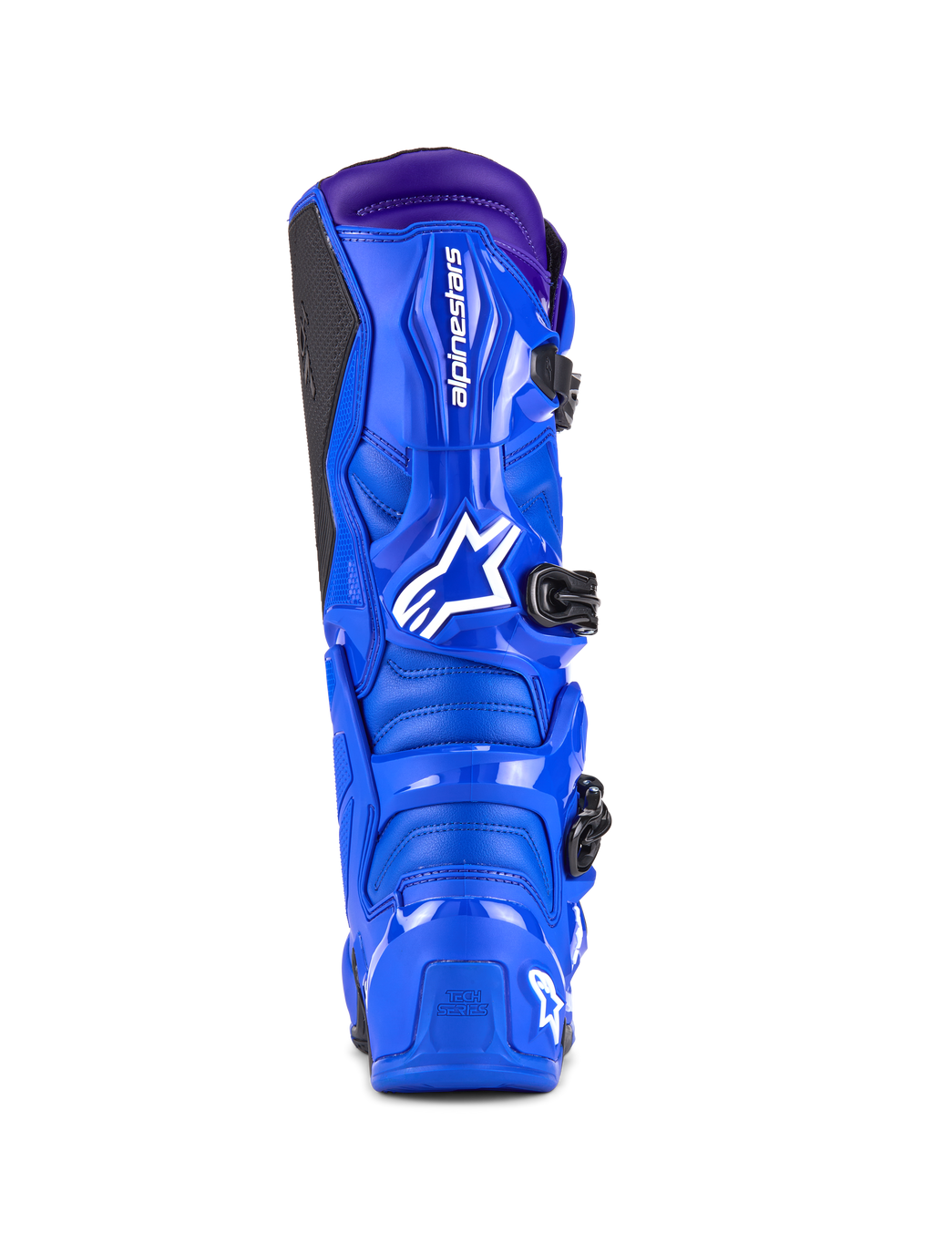 Buty Alpinestars Tech 7, buty motocrossowe, niebieskie z fioletowymi akcentami, widok z tyłu przedstawiający ochronę TPU, białe logo Alpinestars na pięcie i czarny boczny panel przyczepny, wysokiej klasy obuwie terenowe