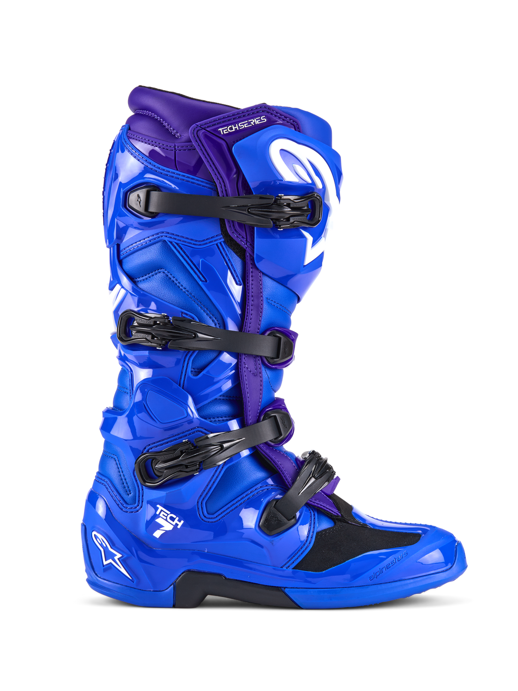 Buty Alpinestars Tech 7, buty motocrossowe, niebiesko-fioletowe, cztery czarne klamry, błyszcząca skorupa ochronna TPU z białym logo Alpinestars, wytrzymałe obuwie do wyścigów off-road