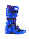 Buty Alpinestars Tech 7, buty motocrossowe, niebiesko-fioletowe, cztery czarne klamry, błyszcząca skorupa ochronna TPU z białym logo Alpinestars, wytrzymałe obuwie do wyścigów off-road