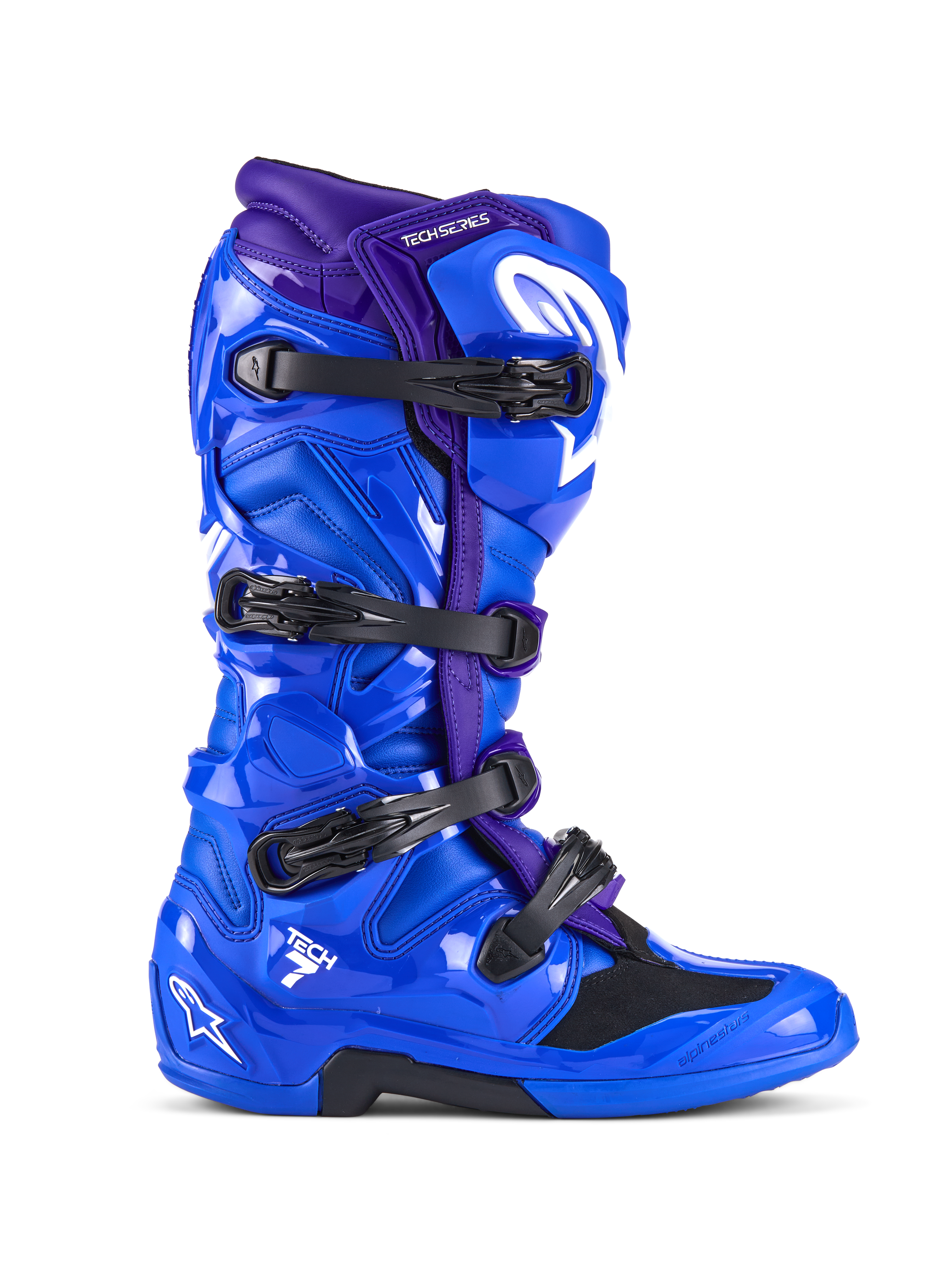 Buty Alpinestars Tech 7, buty motocrossowe, niebiesko-fioletowe, cztery czarne klamry, błyszcząca skorupa ochronna TPU z białym logo Alpinestars, wytrzymałe obuwie do wyścigów off-road
