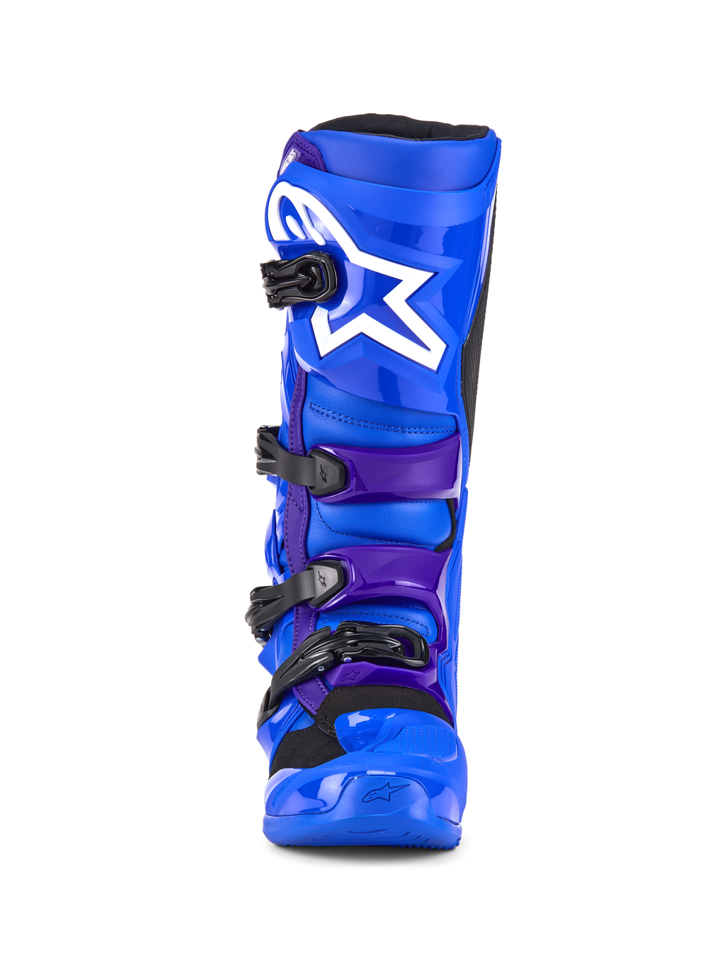Buty Alpinestars Tech 7, buty motocrossowe, niebiesko-fioletowe, białe logo gwiazdy na płycie piszczelowej, system zapięcia na cztery klamry, wzmocniona konstrukcja TPU do wyścigów off-road, widok z przodu