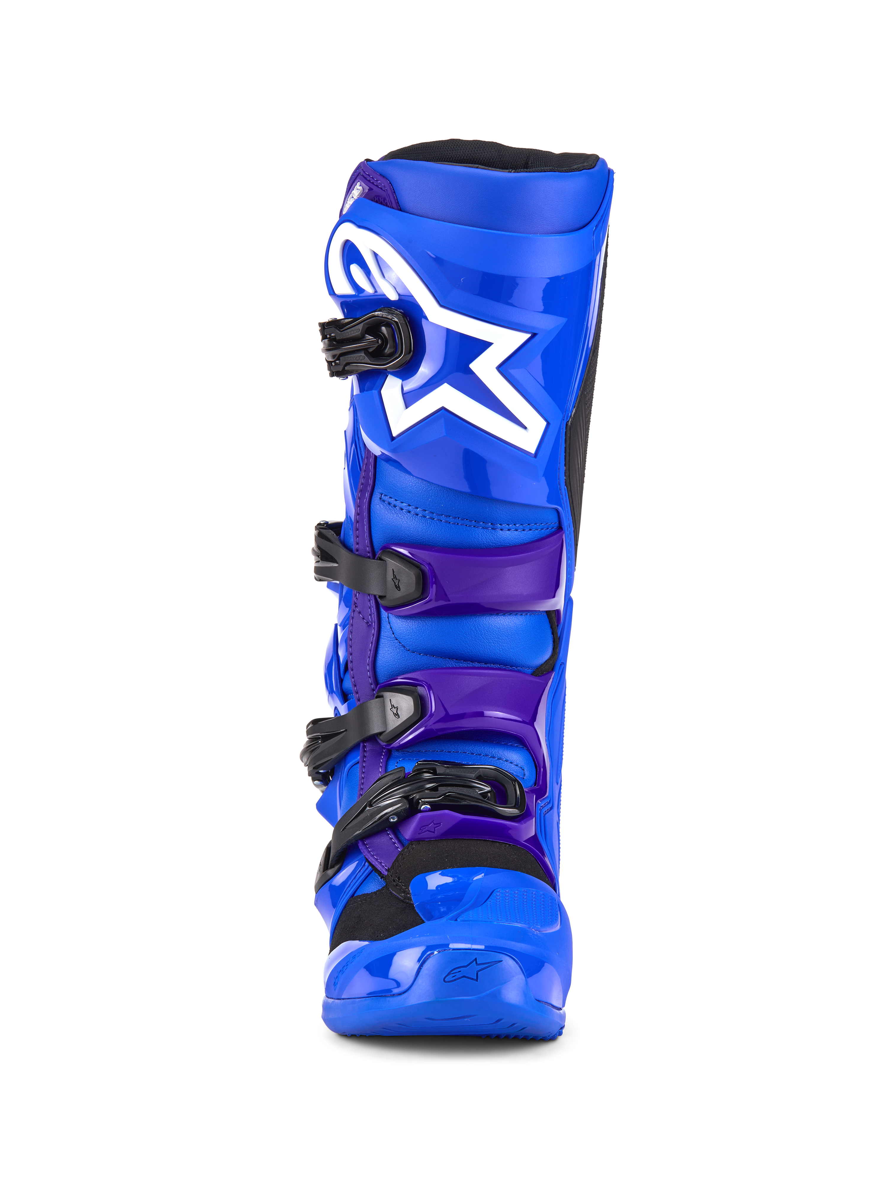 Buty Alpinestars Tech 7, buty motocrossowe, niebiesko-fioletowe, białe logo gwiazdy na płycie piszczelowej, system zapięcia na cztery klamry, wzmocniona konstrukcja TPU do wyścigów off-road, widok z przodu