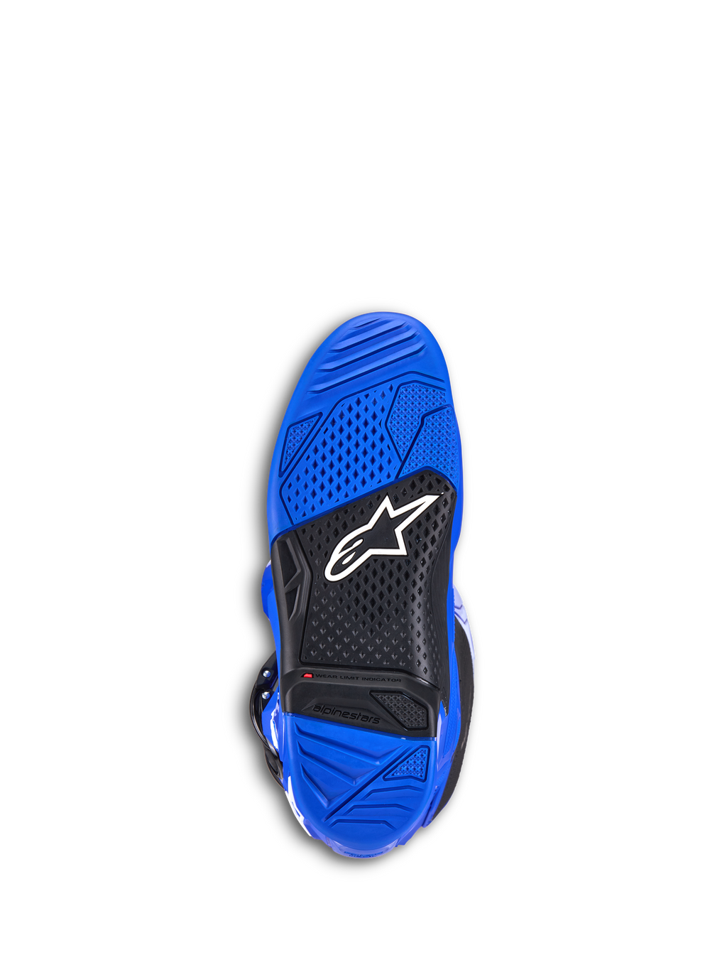 Buty Alpinestars Tech 7, buty motocrossowe, niebieskie, widok podeszwy od dołu przedstawiający niebieską i czarną teksturowaną gumę, białe logo Alpinestars i czerwony wskaźnik zużycia, wytrzymałe obuwie terenowe