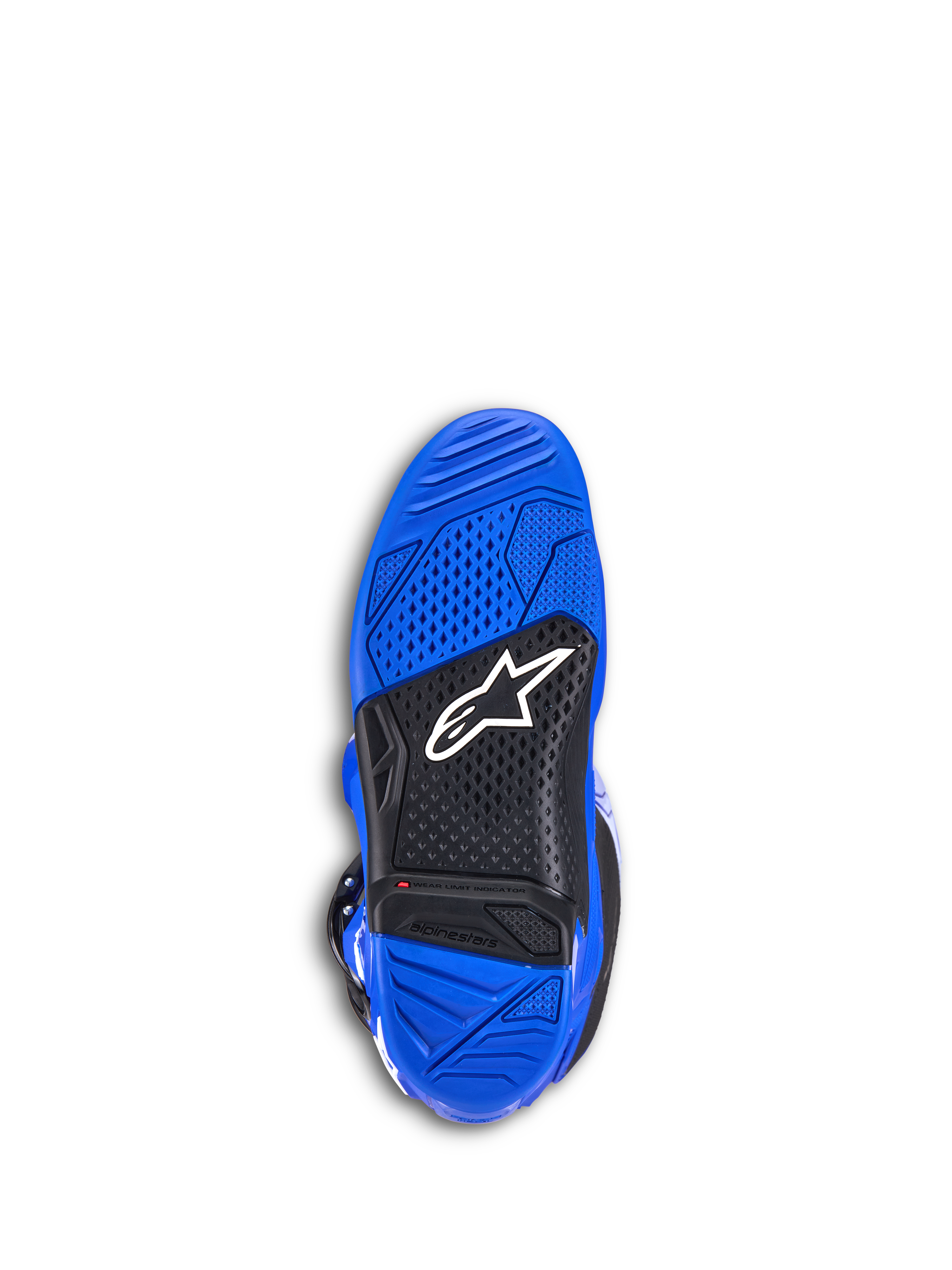 Buty Alpinestars Tech 7, buty motocrossowe, niebieskie, widok podeszwy od dołu przedstawiający niebieską i czarną teksturowaną gumę, białe logo Alpinestars i czerwony wskaźnik zużycia, wytrzymałe obuwie terenowe