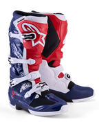 Alpinestars Tech 7 Unity, buty motocyklowe do motocrossu, czerwone, białe i niebieskie, edycja limitowana, ochrona TPU i zapięcia na klamry