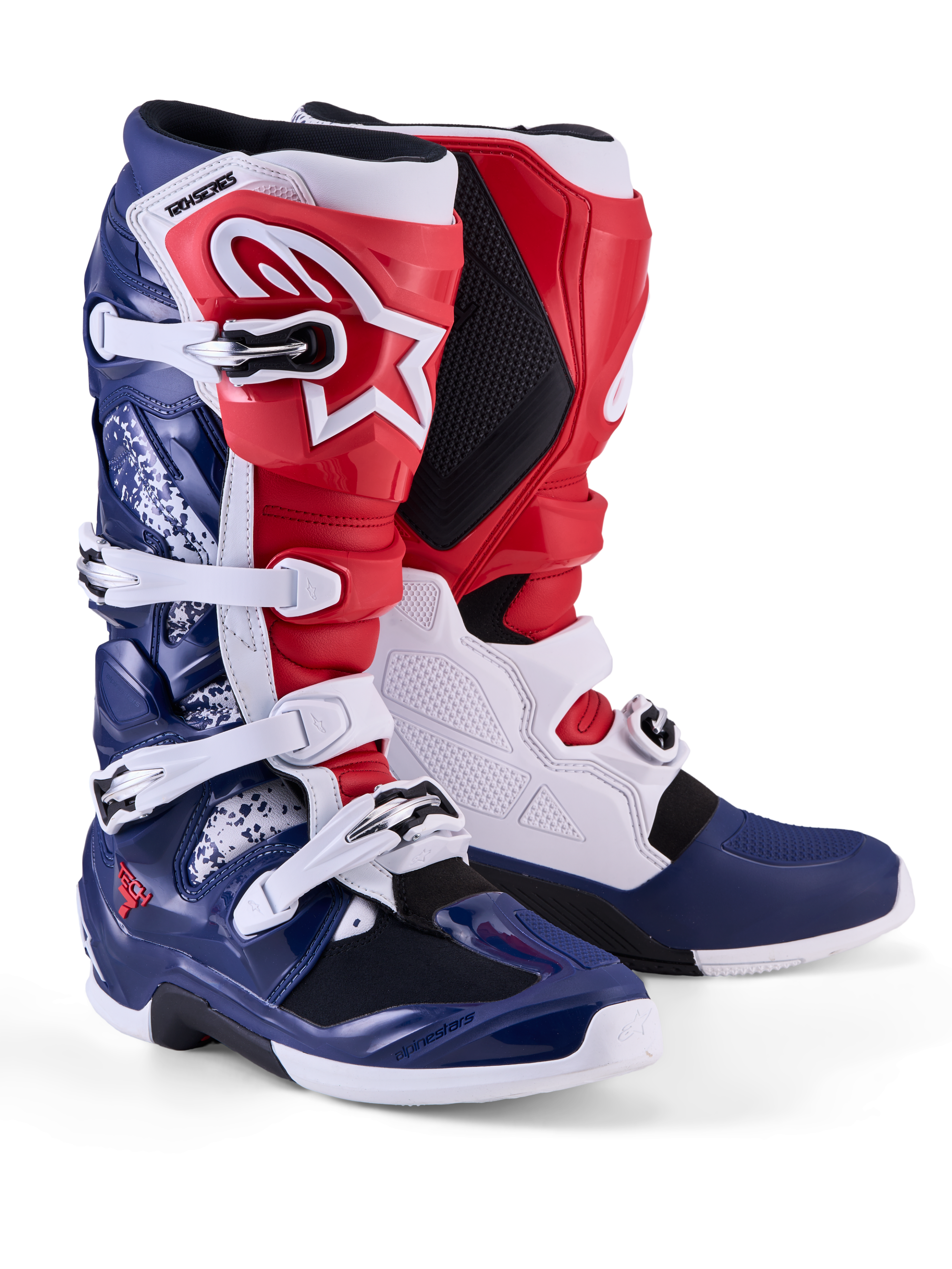 Alpinestars Tech 7 Unity, buty motocyklowe do motocrossu, czerwone, białe i niebieskie, edycja limitowana, ochrona TPU i zapięcia na klamry