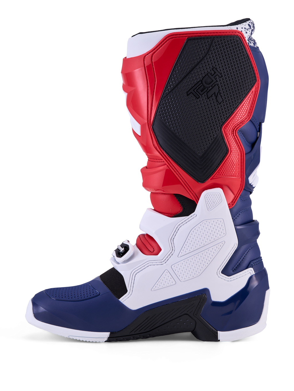 Alpinestars Tech 7 Unity, buty motocrossowe z limitowanej edycji, czerwone, białe i niebieskie, ochronne panele TPU i klamry.