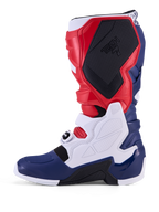 Alpinestars Tech 7 Unity, buty motocrossowe z limitowanej edycji, czerwone, białe i niebieskie, ochronne panele TPU i klamry.