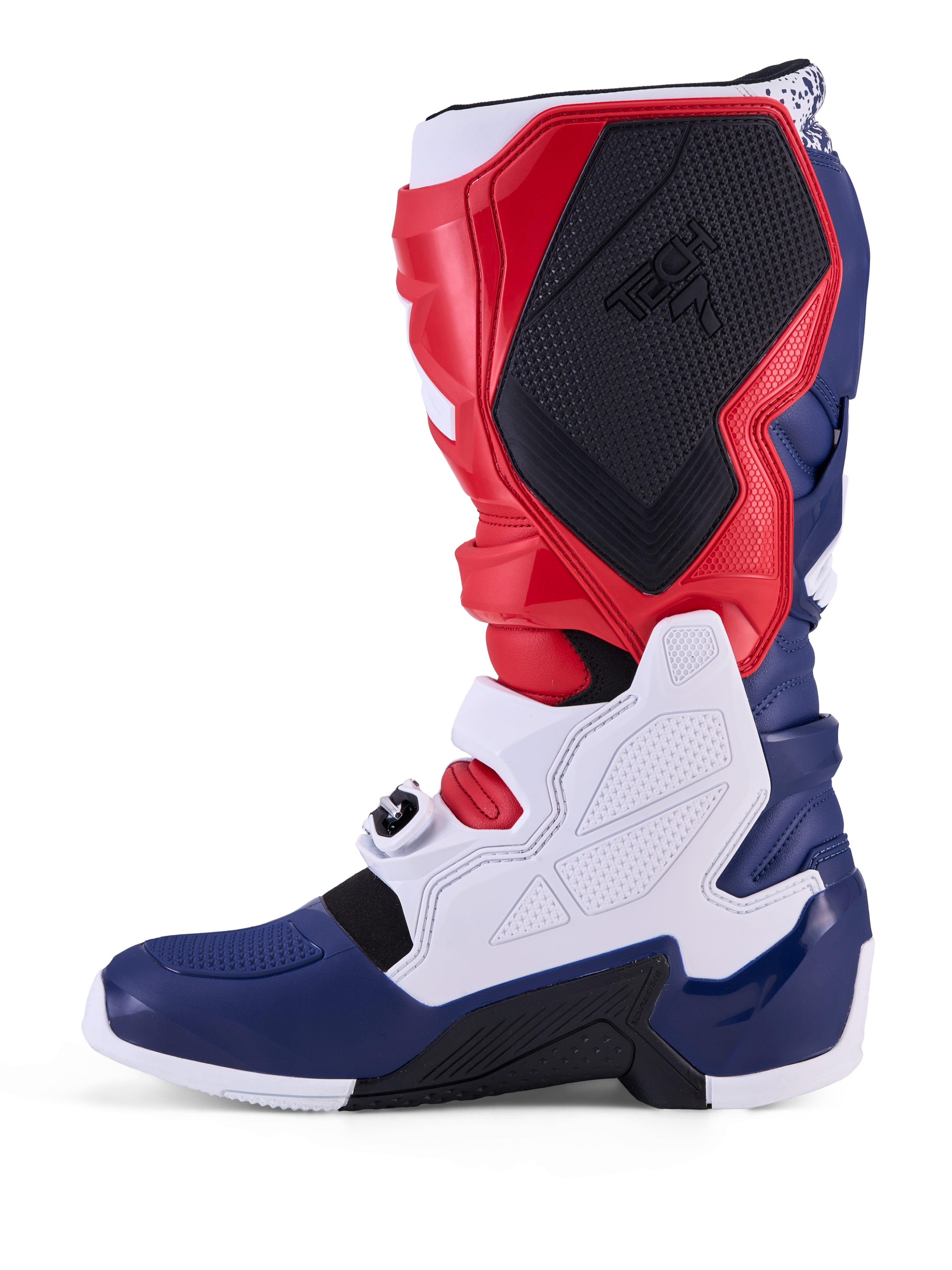 Alpinestars Tech 7 Unity, buty motocrossowe z limitowanej edycji, czerwone, białe i niebieskie, ochronne panele TPU i klamry.