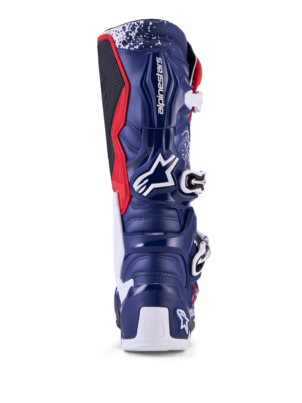 Alpinestars Tech 7 Unity Limited Edition, męskie buty motocrossowe, czerwone, białe i niebieskie, widok z tyłu, ochrona TPU