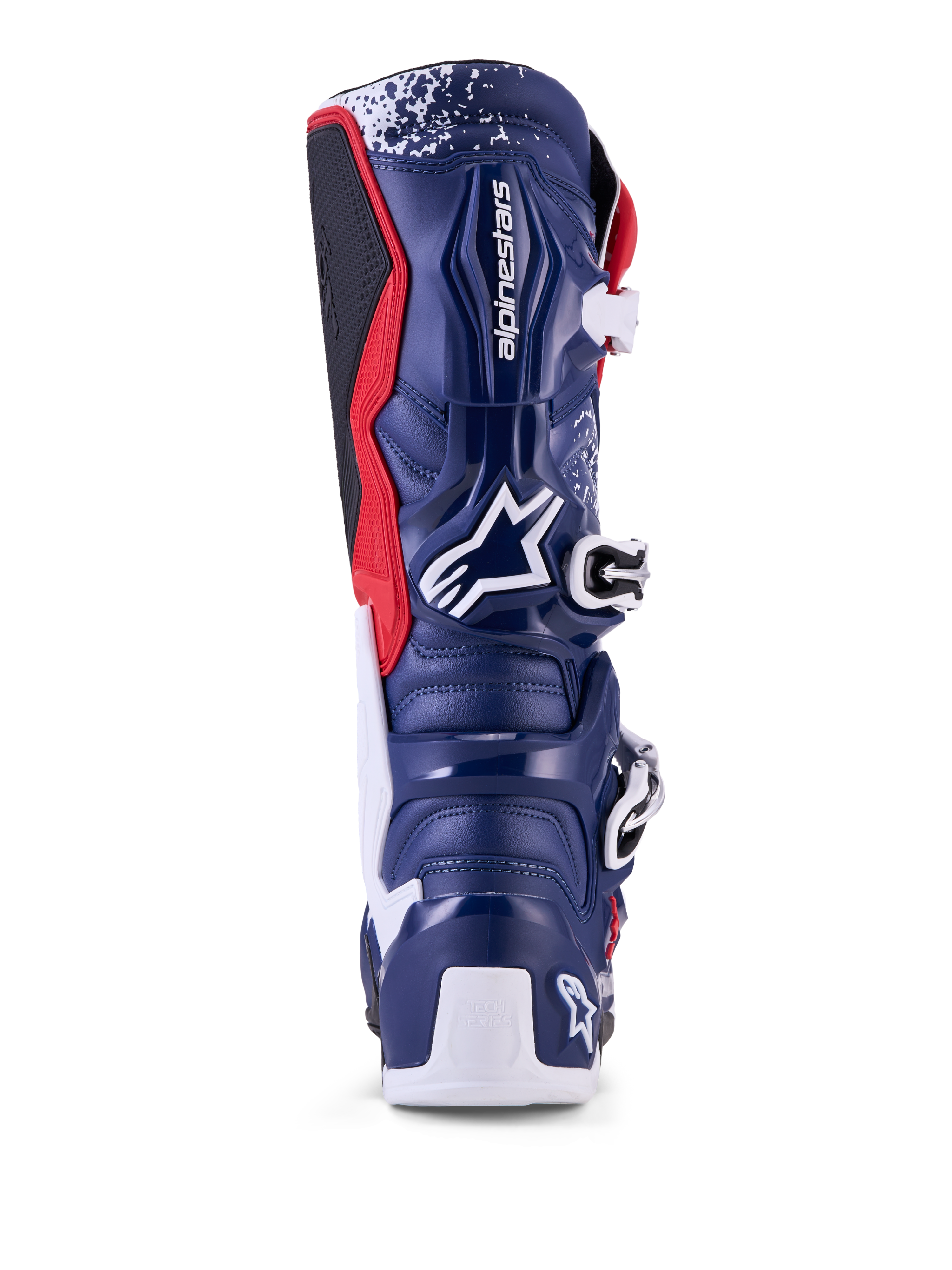 Alpinestars Tech 7 Unity Limited Edition, męskie buty motocrossowe, czerwone, białe i niebieskie, widok z tyłu, ochrona TPU
