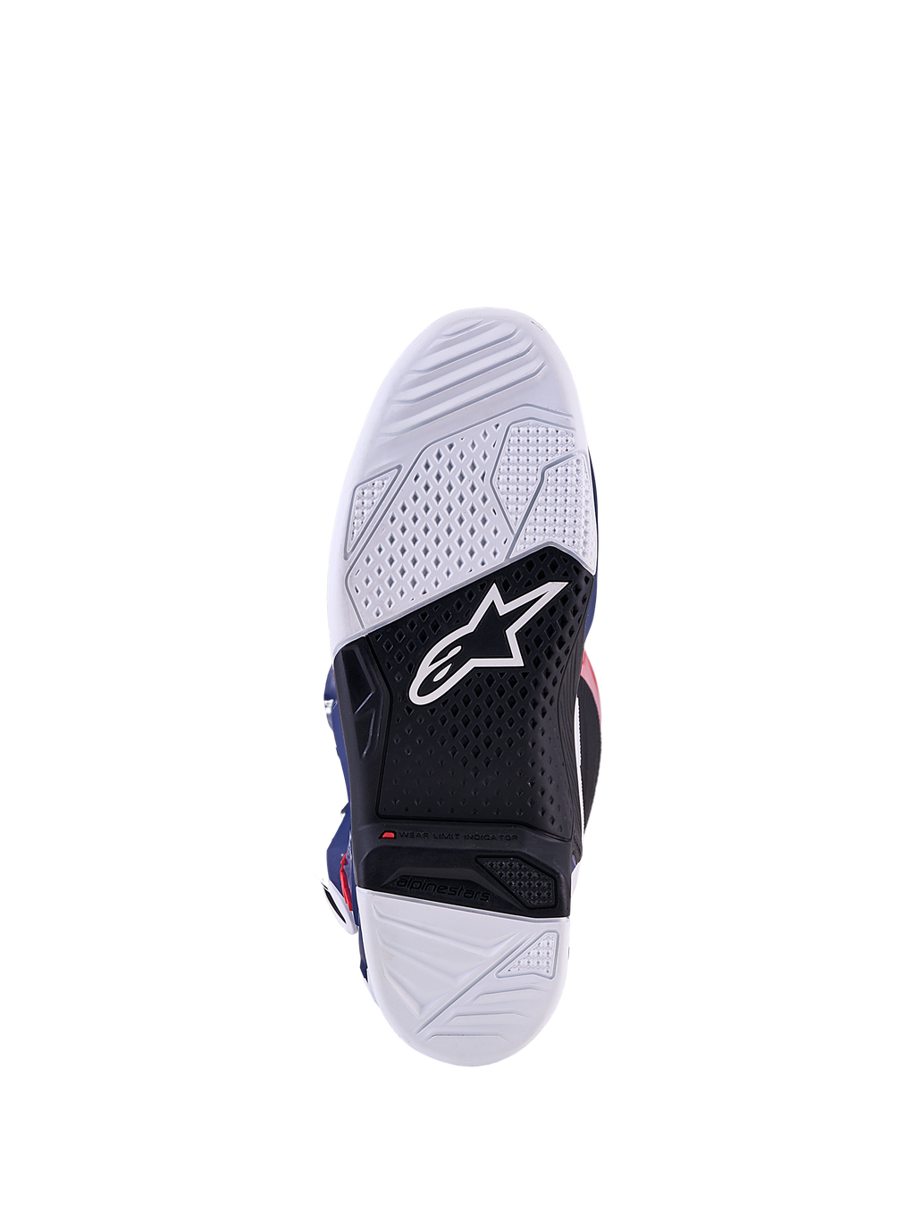 Alpinestars Tech 7 Limited Edition Unity, biała i czarna podeszwa buta motocrossowego ze wskaźnikiem zużycia.