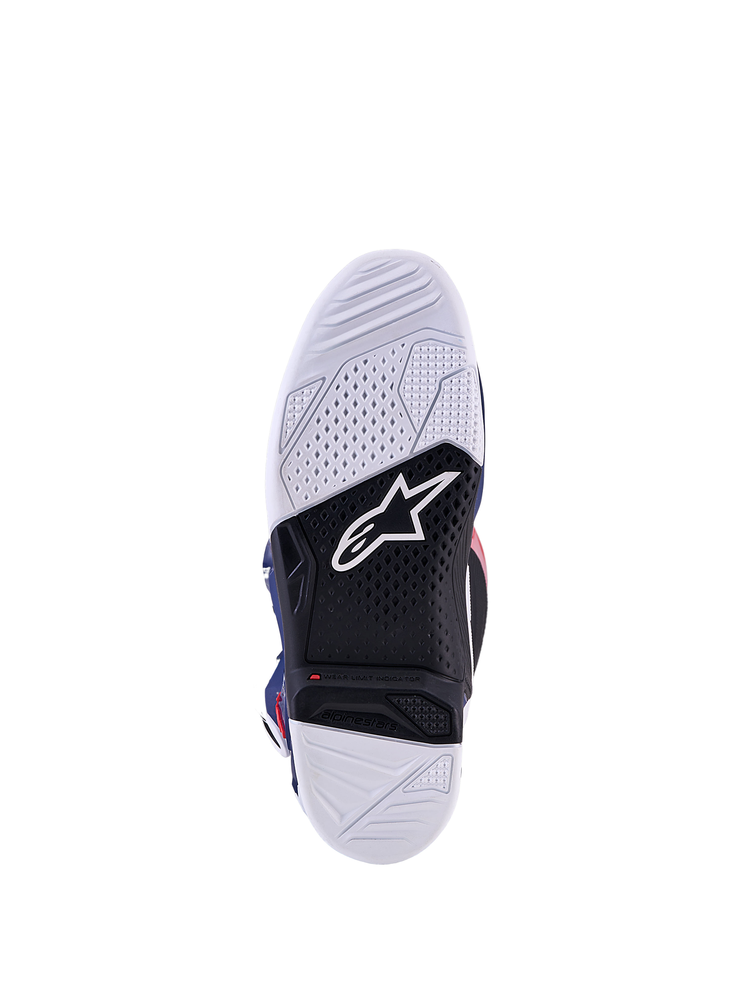 Alpinestars Tech 7 Limited Edition Unity, biała i czarna podeszwa buta motocrossowego ze wskaźnikiem zużycia.