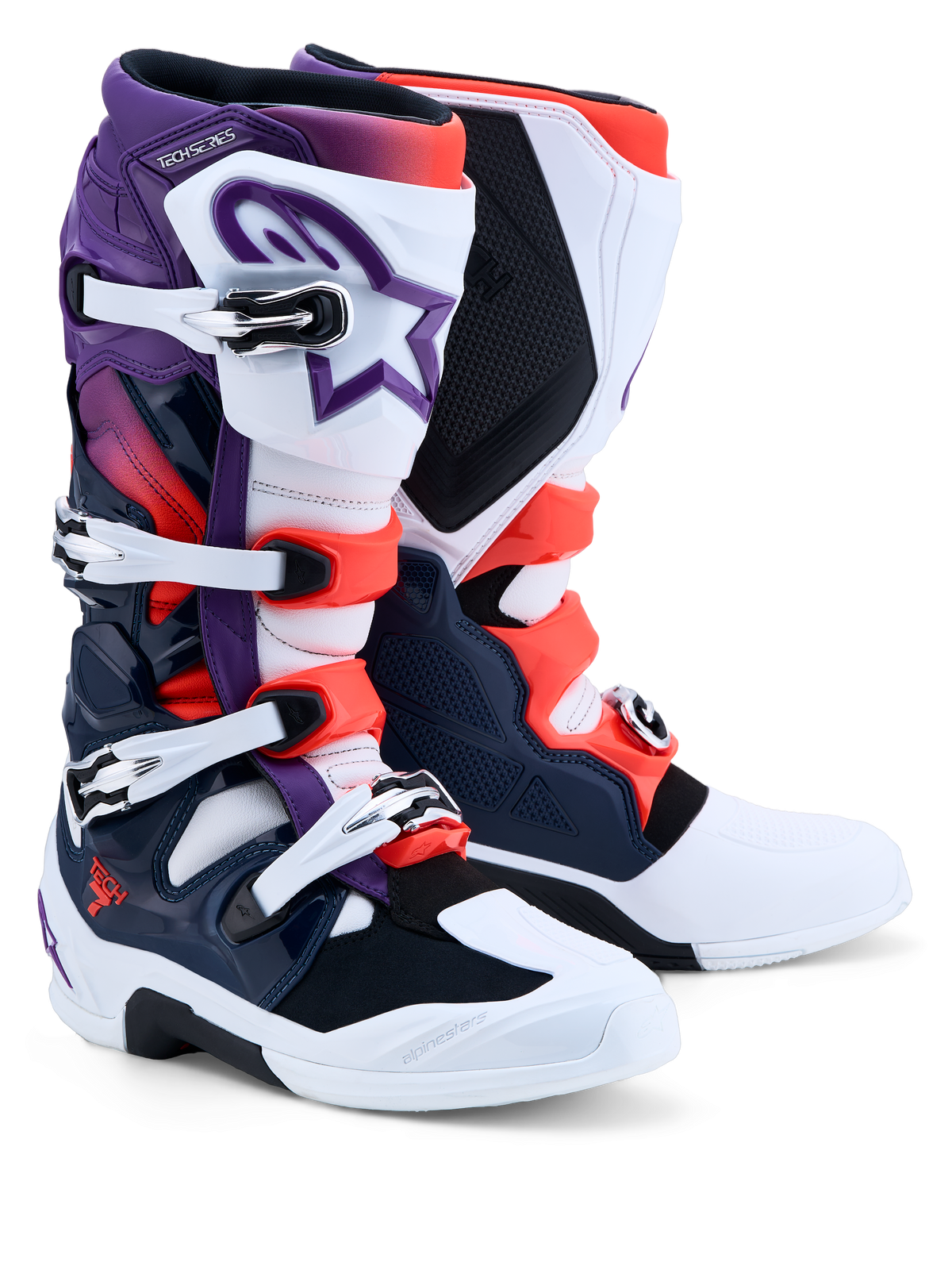 Alpinestars Tech 7, fioletowe i białe męskie buty motocrossowe, ochrona TPU, certyfikowane CE, profesjonalny sprzęt MX.