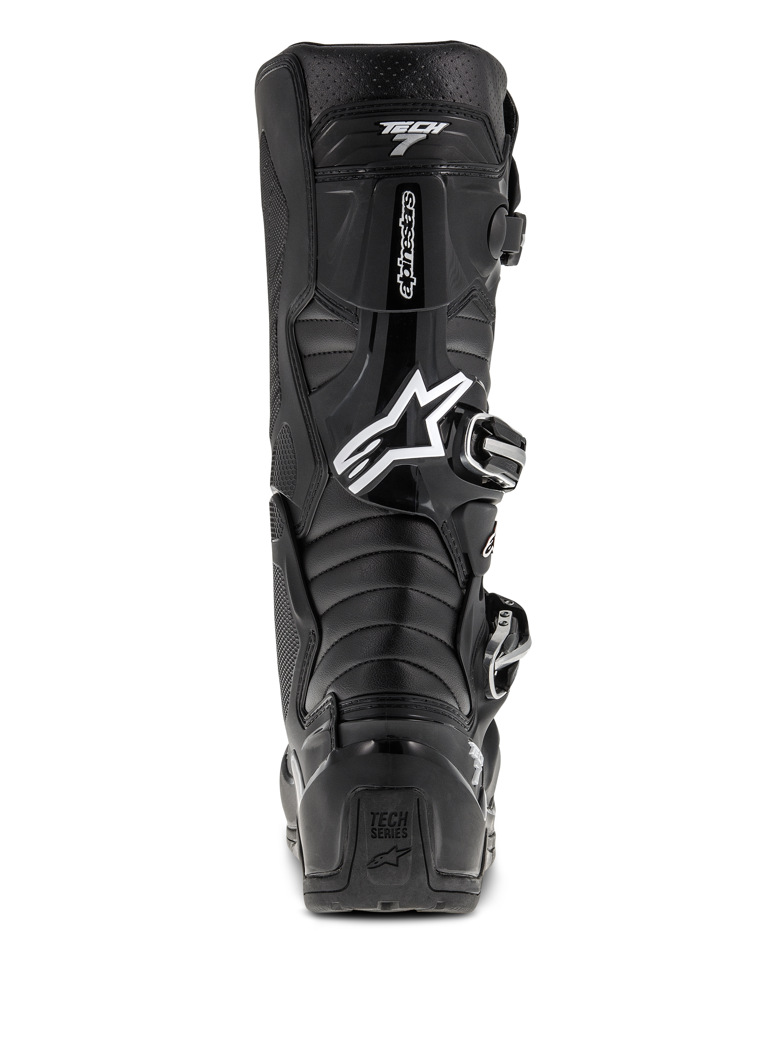 Alpinestars Tech 7 Enduro Boots, Black, Rear view featuring white Astars logo and "Tech 7" branding, protective TPU shell with buckle system, durable construction for off-road and motocross racing