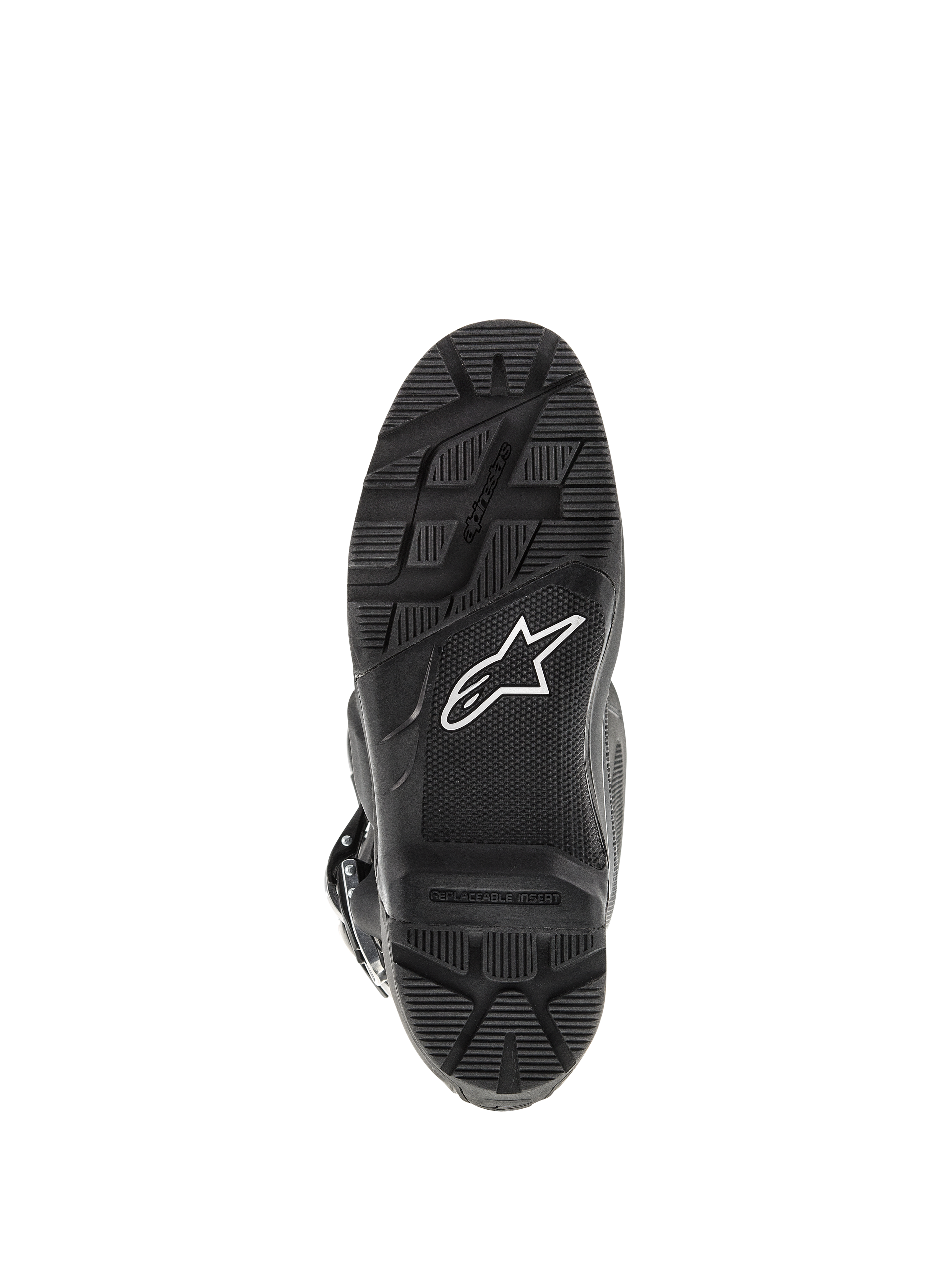 Alpinestars Tech 7 Enduro Boots, Black, bottom view of the sole, featuring a rugged tread pattern for Enduro riding, white star logo, and replaceable footpeg insert.
