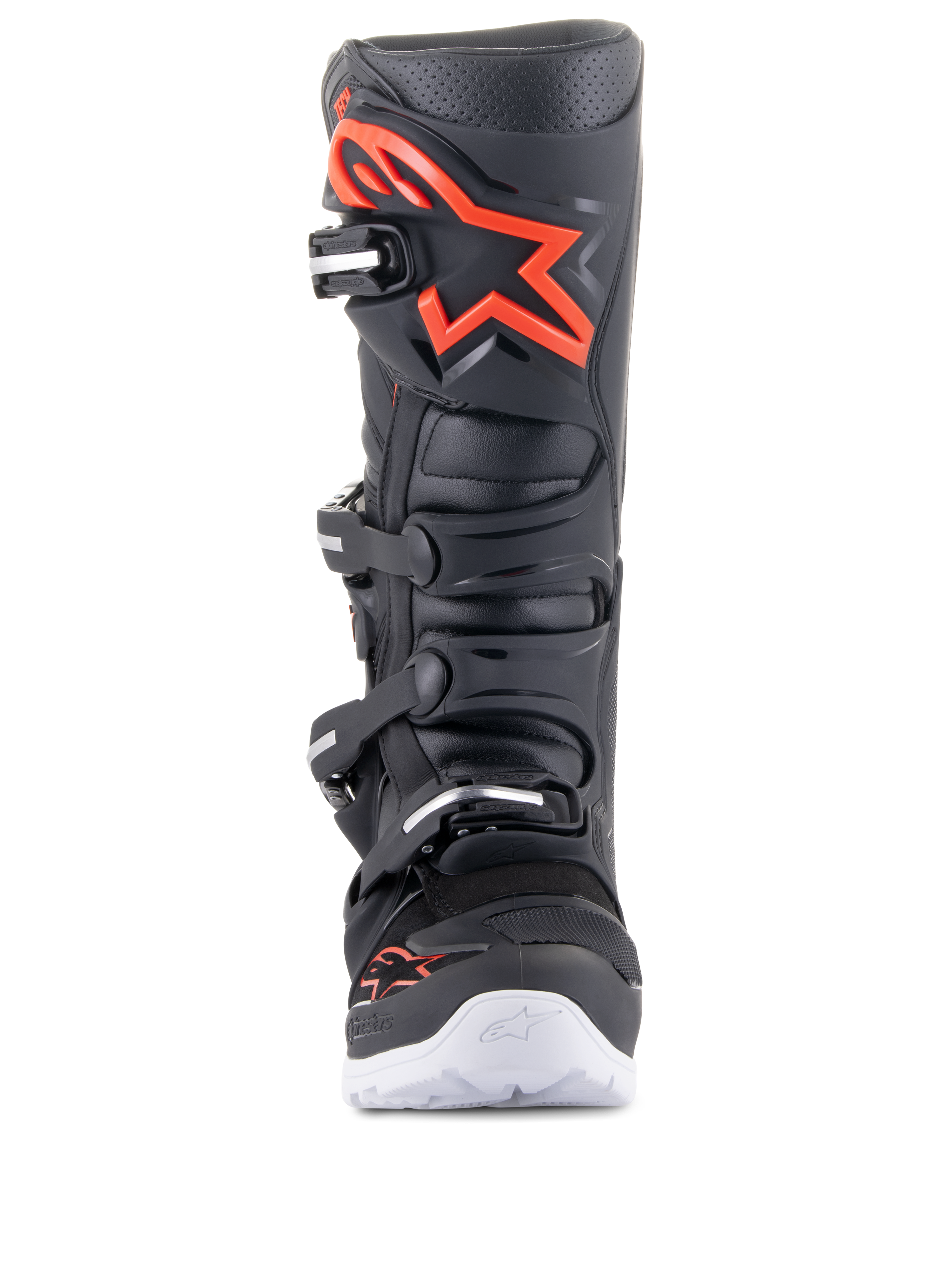 Alpinestars Tech 7 Enduro Boots, Black and Red Fluo, front view, featuring a large red logo on the shin plate, four-buckle closure system, and white outer sole accents, professional motocross and off-road footwear.