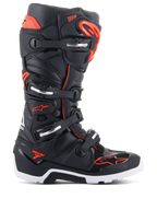Alpinestars Tech 7 Enduro Boots, Motocross Off-Road Boots, Black and Red Fluo, four-buckle closure system with silver accents, white and black rugged sole, Alpinestars logo on toe and side, professional-grade protection for enduro and trail riding