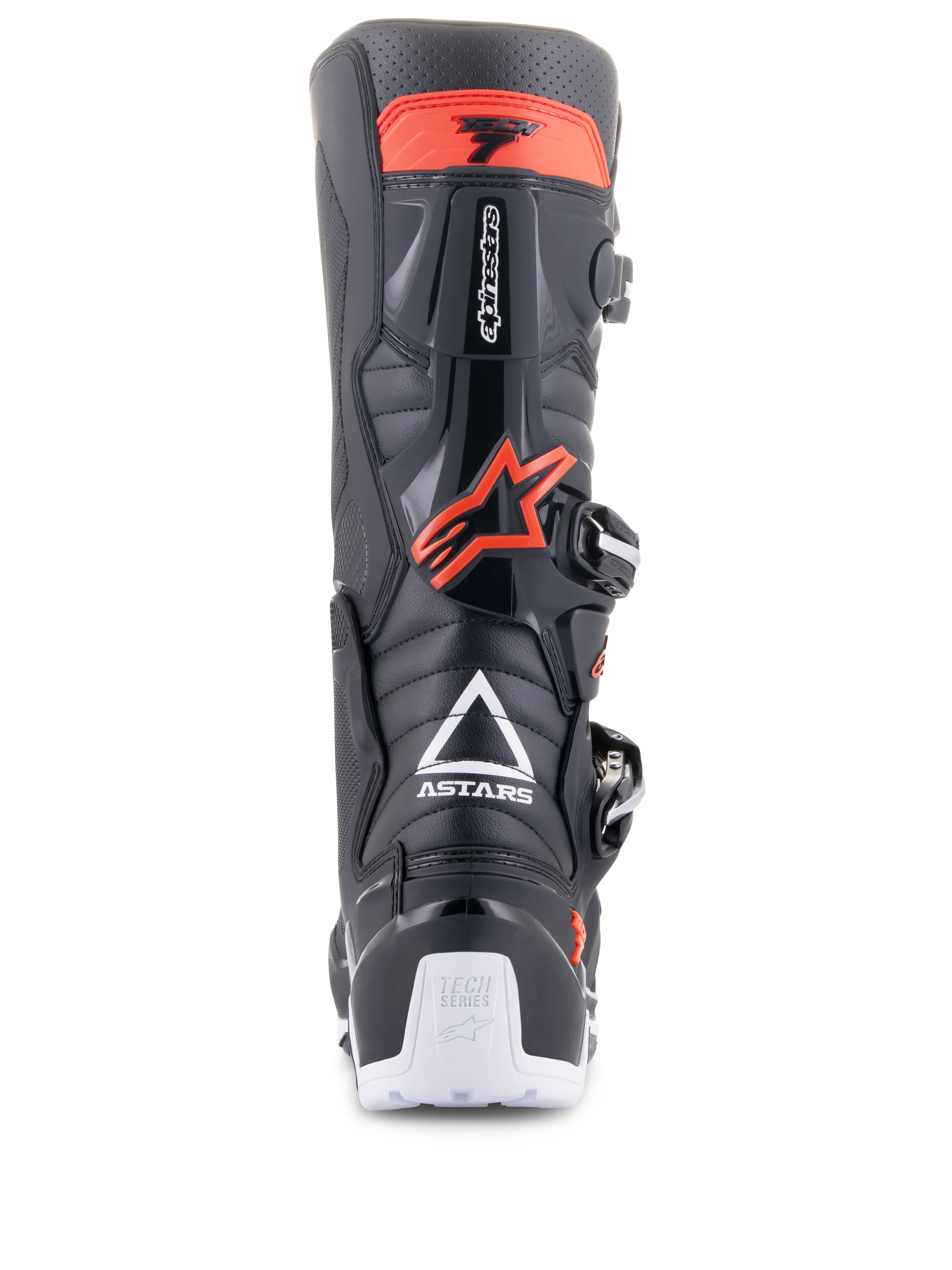 Alpinestars Tech 7 Enduro Boots, Black and Red Fluo, rear view featuring white ASTARS logo, red TPU calf protection, and white heel details, durable off-road motorcycle footwear