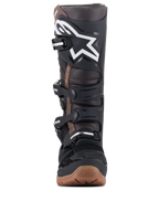 Alpinestars Tech 7 Enduro Boots, Motocross and Enduro Boots, Black and Dark Brown, front view showing white logo on the shin plate, adjustable buckle system, and rugged brown compound sole for off-road grip.