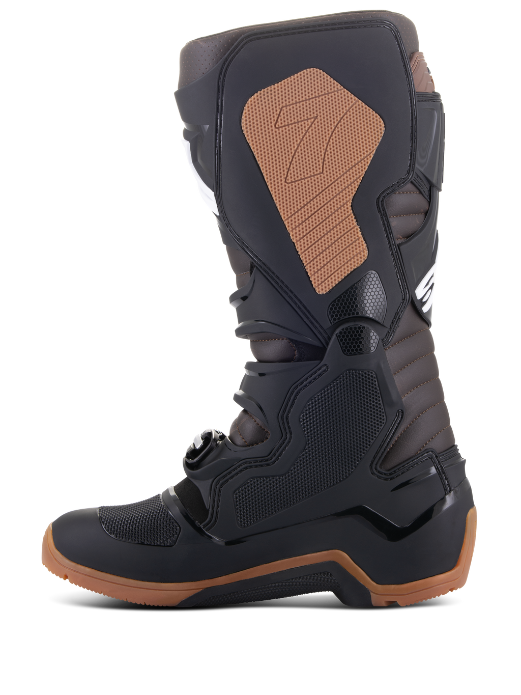 Alpinestars Tech 7 Enduro Boots, Motocross and Off-Road Boots, Black and Dark Brown, side profile showing TPU shin plate, buckle system, tan medial grip panel with logo, and rugged enduro-specific sole for traction.