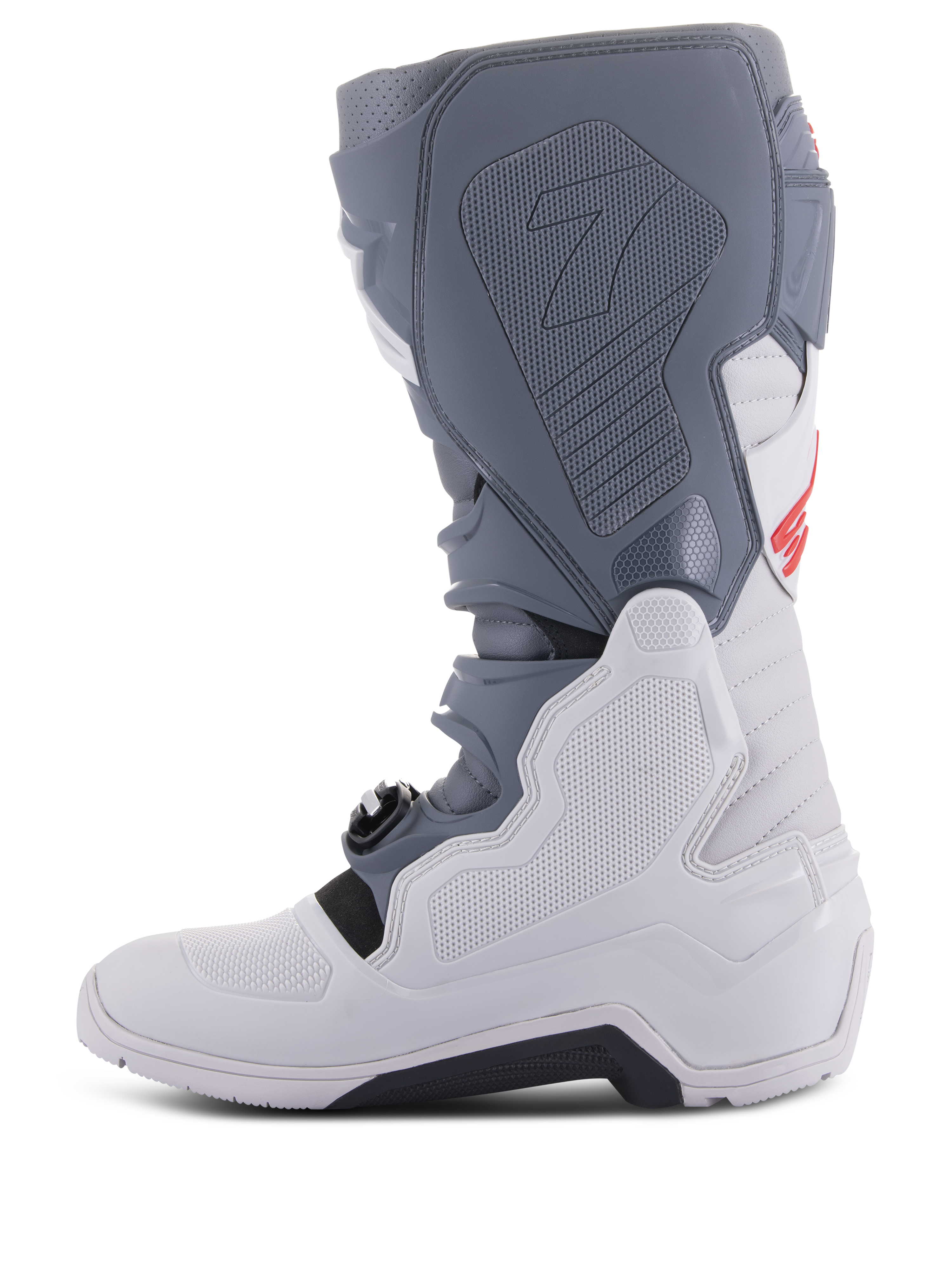 Alpinestars Tech 7 Enduro Boots, Light Gray, Dark Gray, and Bright Red, side profile view, featuring protective TPU panels, innovative buckle closure system, and rugged compound sole for off-road performance