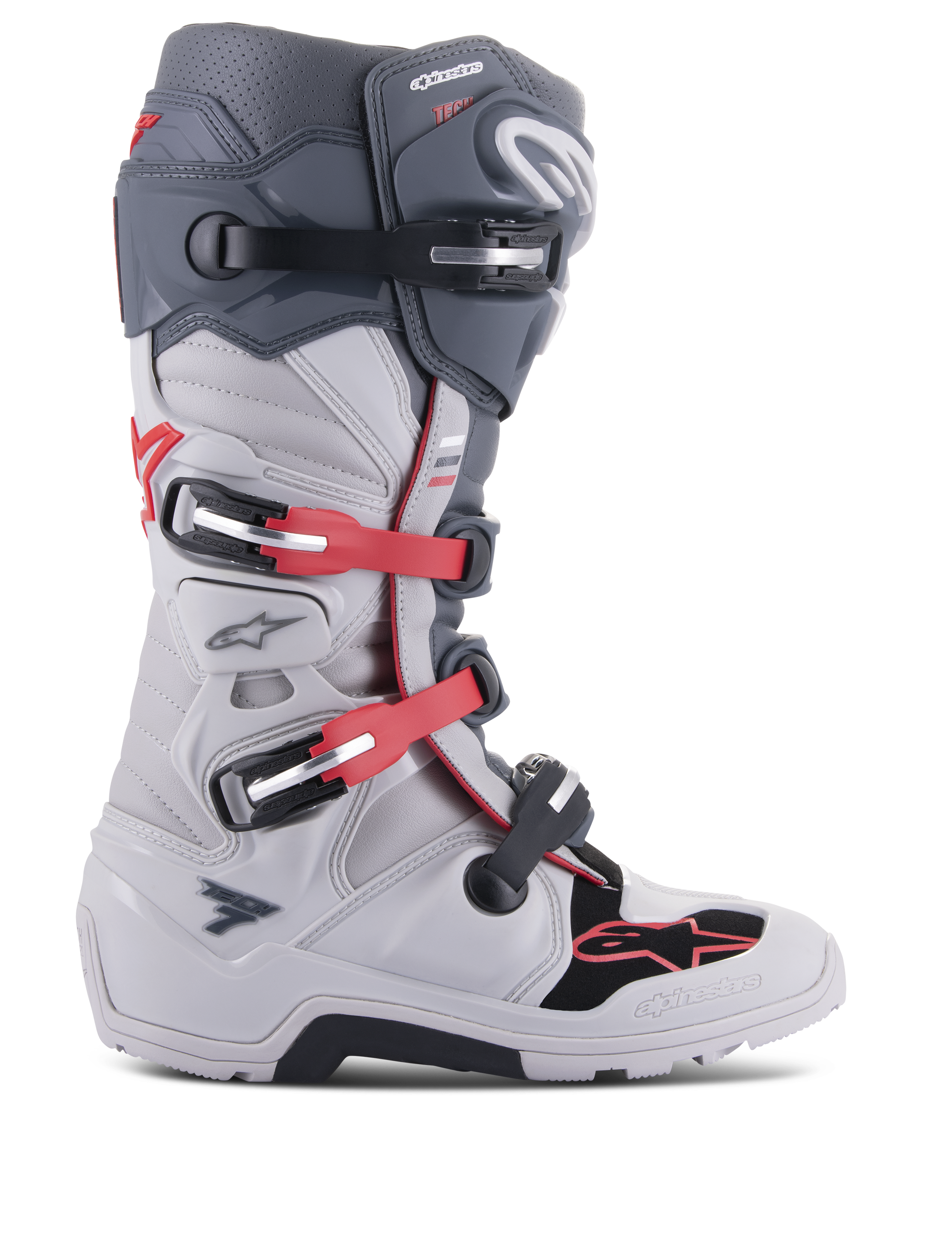 Alpinestars Tech 7 Enduro Boots, Off-Road Motorcycle Boots, Light Gray and Dark Gray with Bright Red Accents, side view featuring a multi-buckle closure system, biomechanical pivot for stability, and reinforced TPU protection panels, rugged enduro-specific sole, high-performance gear for motocross and trail riding.