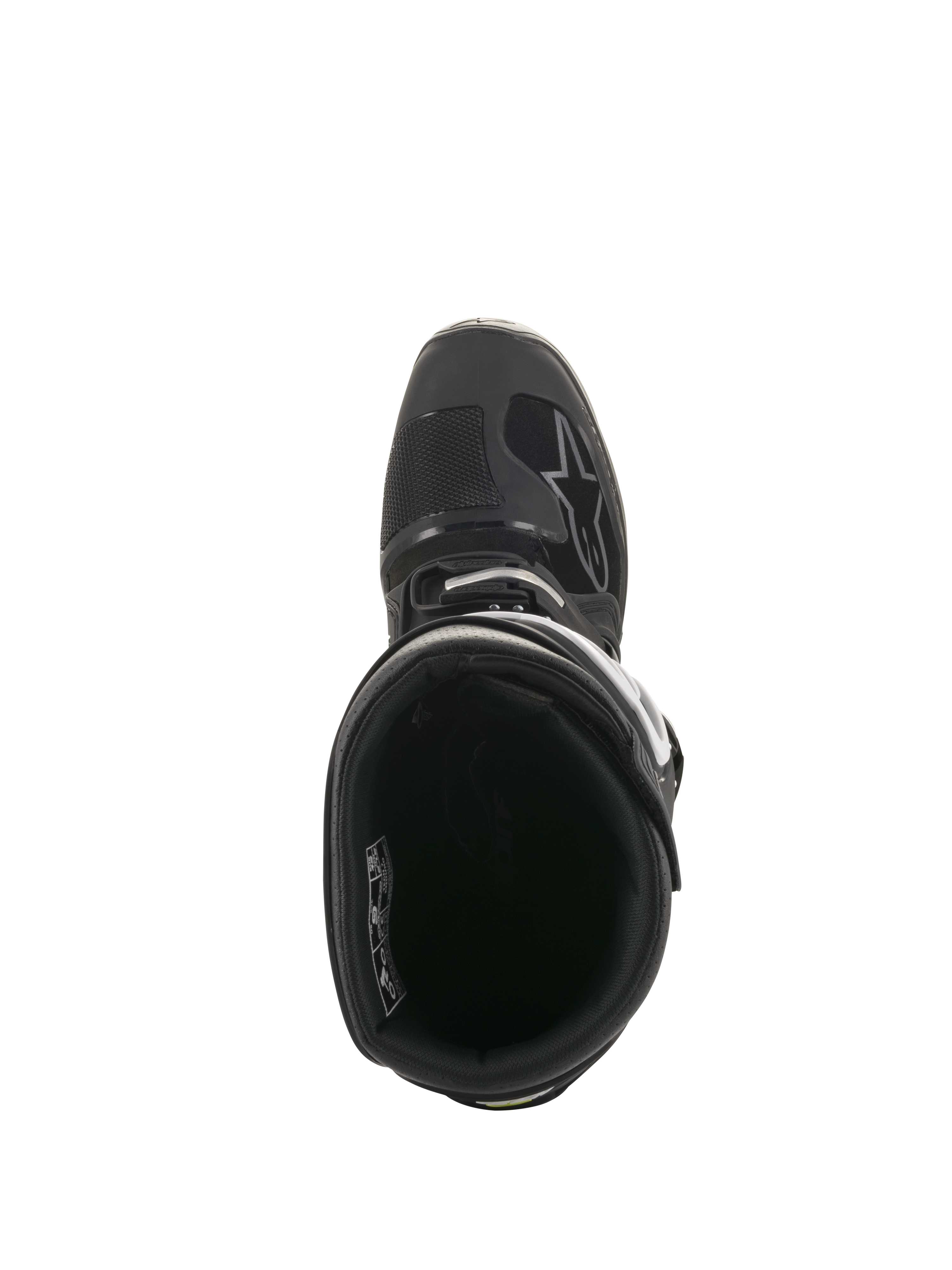 Alpinestars Tech 7 Enduro Drystar® Boots, top-down view looking into the interior lining and padded ankle collar, black and gray technical off-road footwear featuring secure buckle system