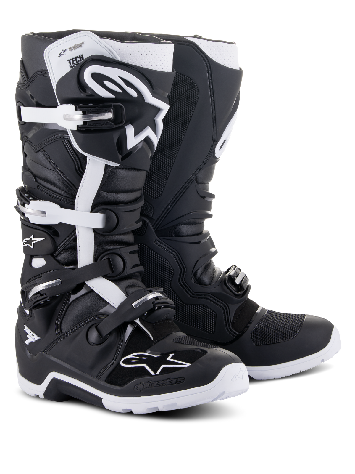 Buty Alpinestars Tech 7 Enduro Drystar®, buty motocyklowe off-road, czarno-białe, wyposażone w wodoodporną membranę, system zapięć na klamry i wytrzymałą podeszwę dedykowaną do jazdy enduro