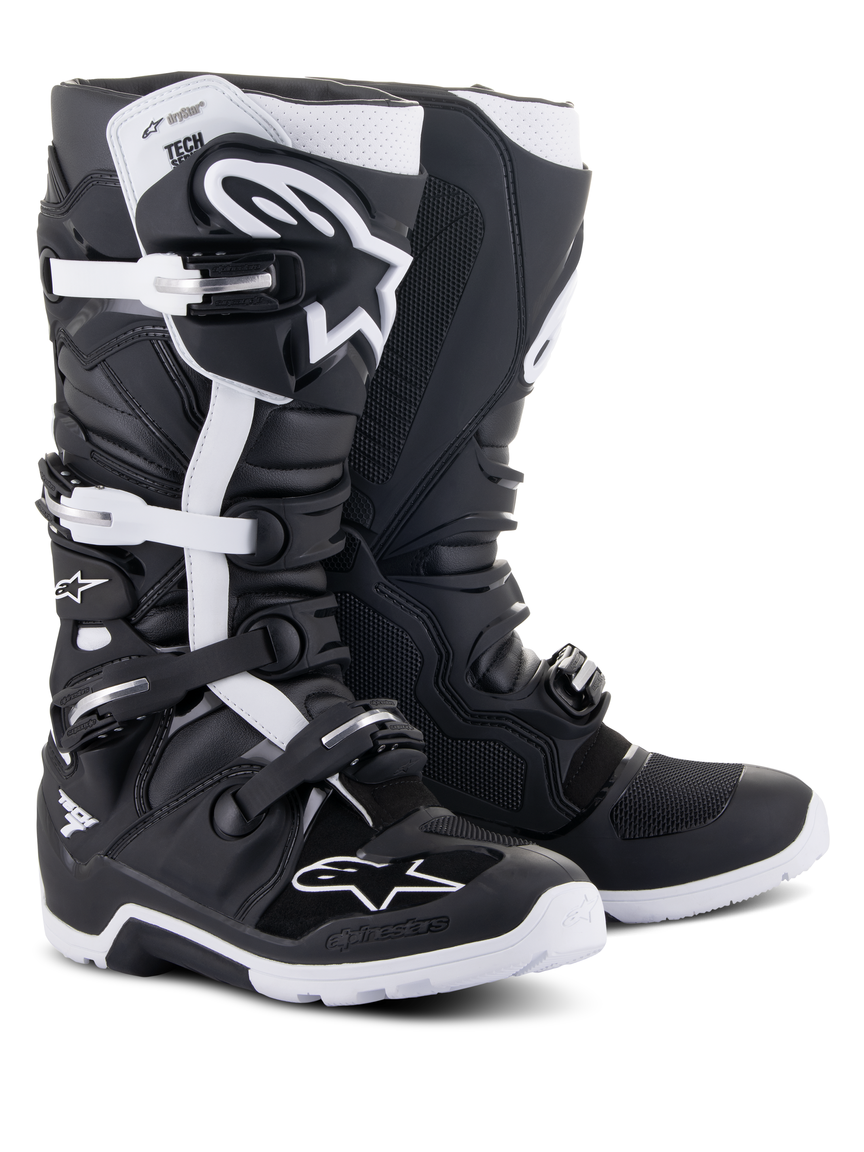 Buty Alpinestars Tech 7 Enduro Drystar®, buty motocyklowe off-road, czarno-białe, wyposażone w wodoodporną membranę, system zapięć na klamry i wytrzymałą podeszwę dedykowaną do jazdy enduro