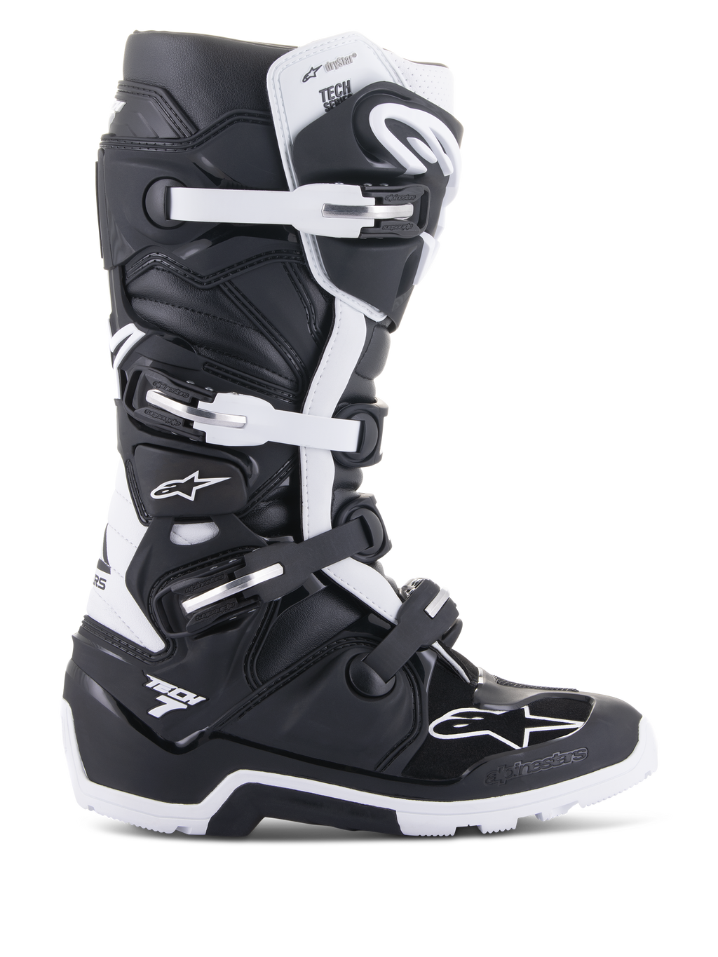 Buty Alpinestars Tech 7 Enduro Drystar, buty motocyklowe enduro i terenowe, czarno-białe, system zapinania na cztery klamry, oznaczenie wodoodpornej membrany Drystar, solidna podeszwa zapewniająca przyczepność w terenie, wytrzymałe panele ochronne TPU z logo Alpinestars