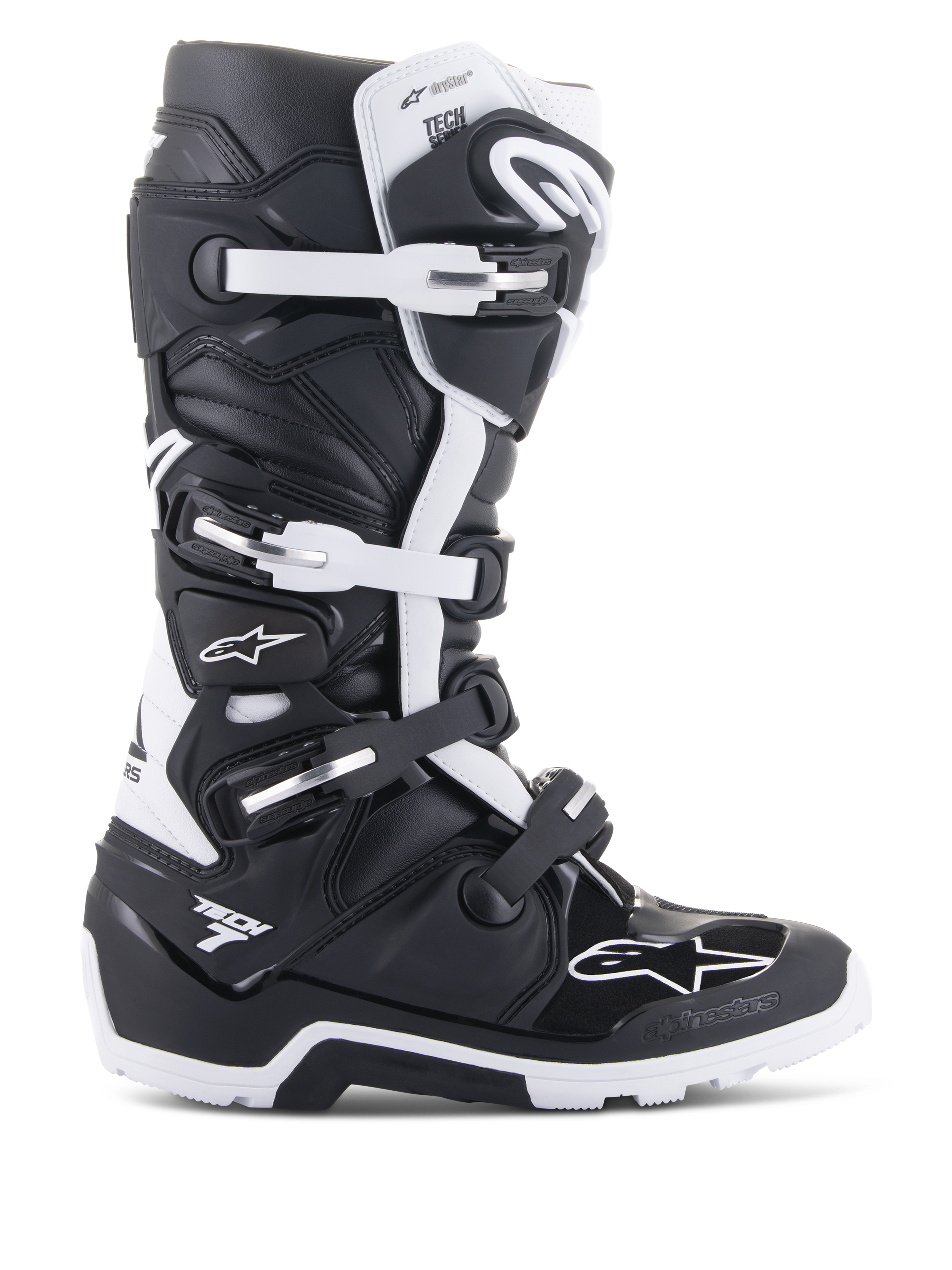 Buty Alpinestars Tech 7 Enduro Drystar, buty motocyklowe enduro i terenowe, czarno-białe, system zapinania na cztery klamry, oznaczenie wodoodpornej membrany Drystar, solidna podeszwa zapewniająca przyczepność w terenie, wytrzymałe panele ochronne TPU z logo Alpinestars