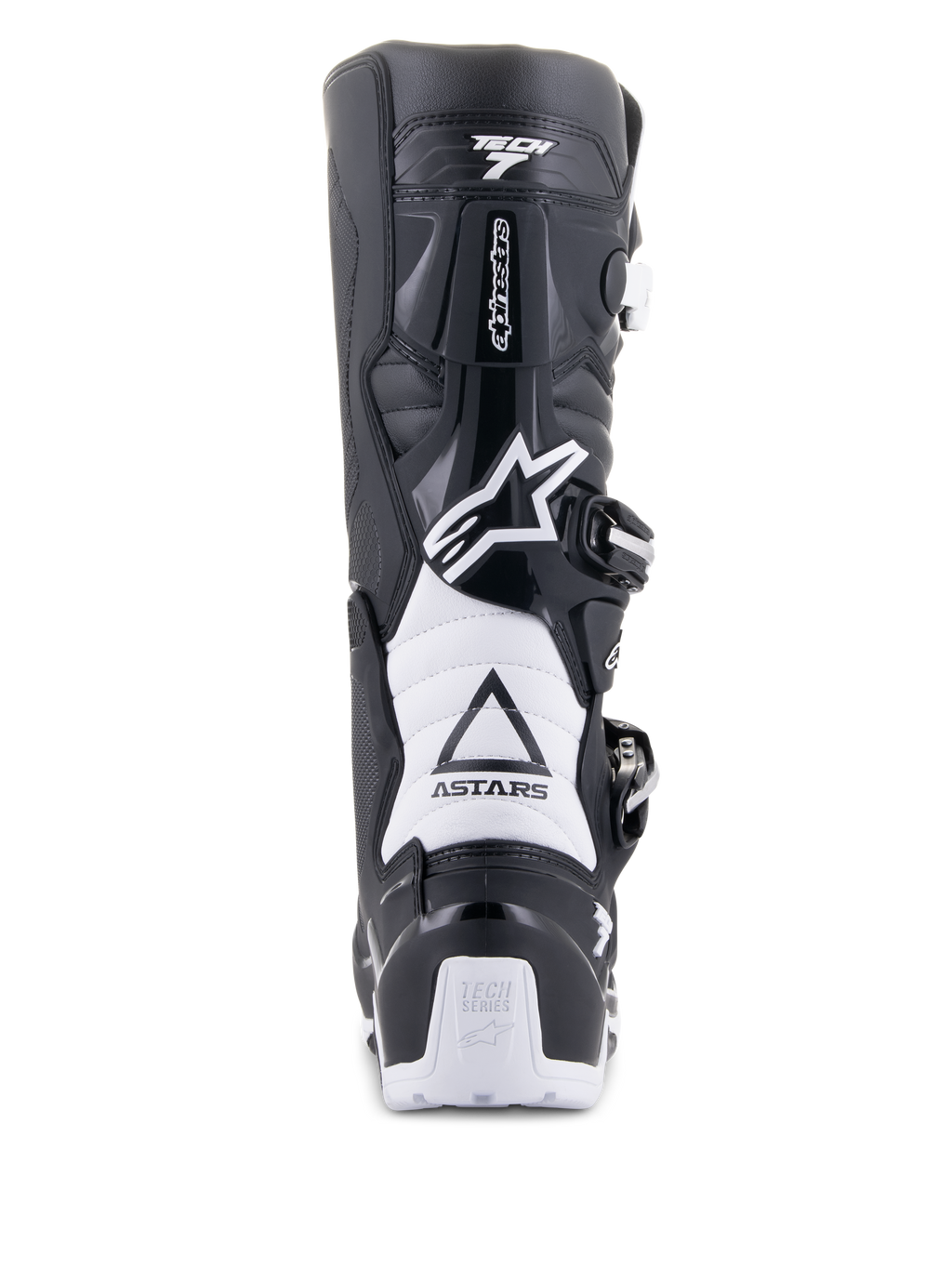 Buty Alpinestars Tech 7 Enduro Drystar, czarno-białe, widok z tyłu, ochronna konstrukcja TPU, białe elastyczne strefy harmonijkowe, system zapięć na klamry, logo Alpinestars na pięcie i cholewce