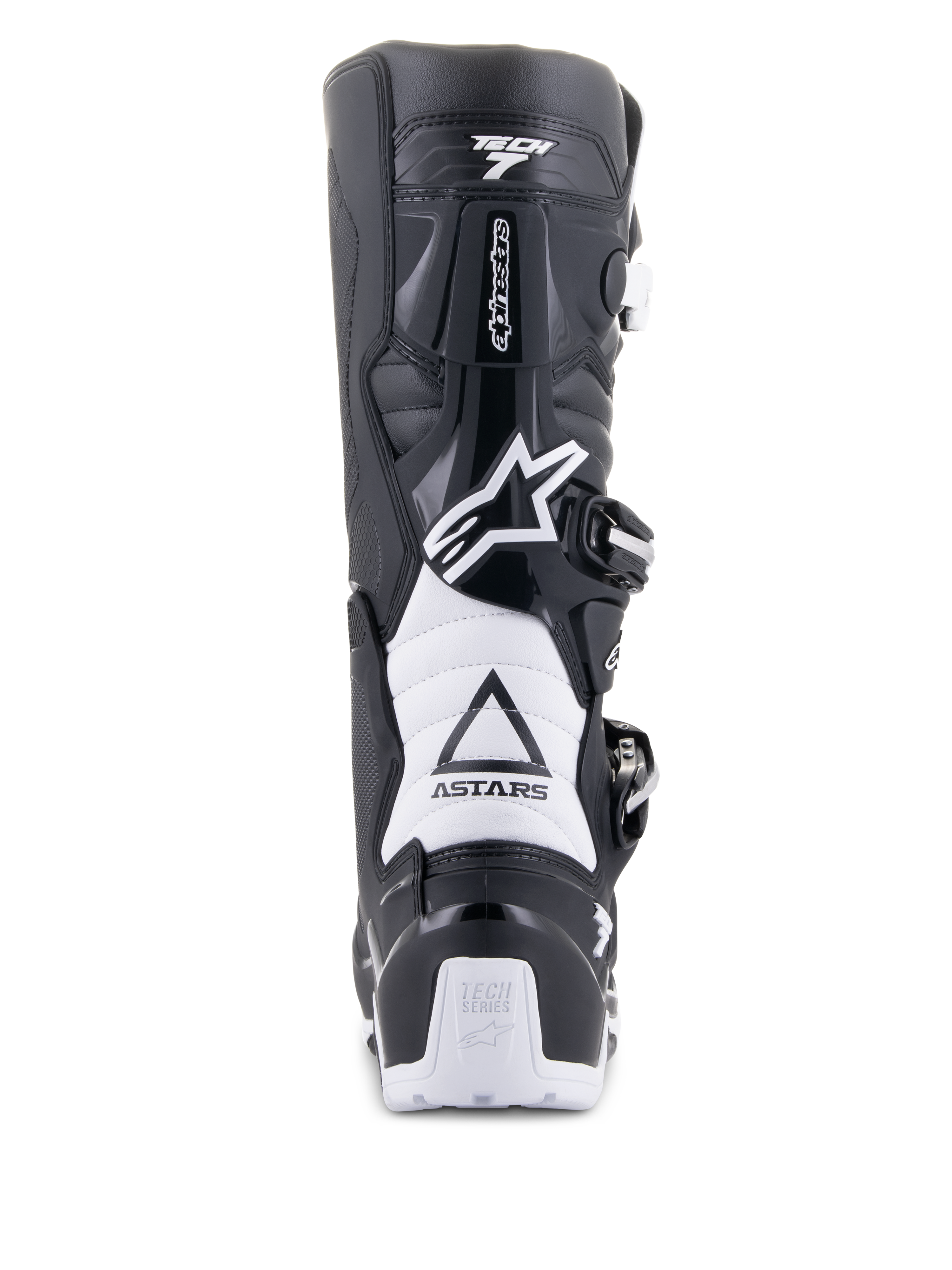 Buty Alpinestars Tech 7 Enduro Drystar, czarno-białe, widok z tyłu, ochronna konstrukcja TPU, białe elastyczne strefy harmonijkowe, system zapięć na klamry, logo Alpinestars na pięcie i cholewce